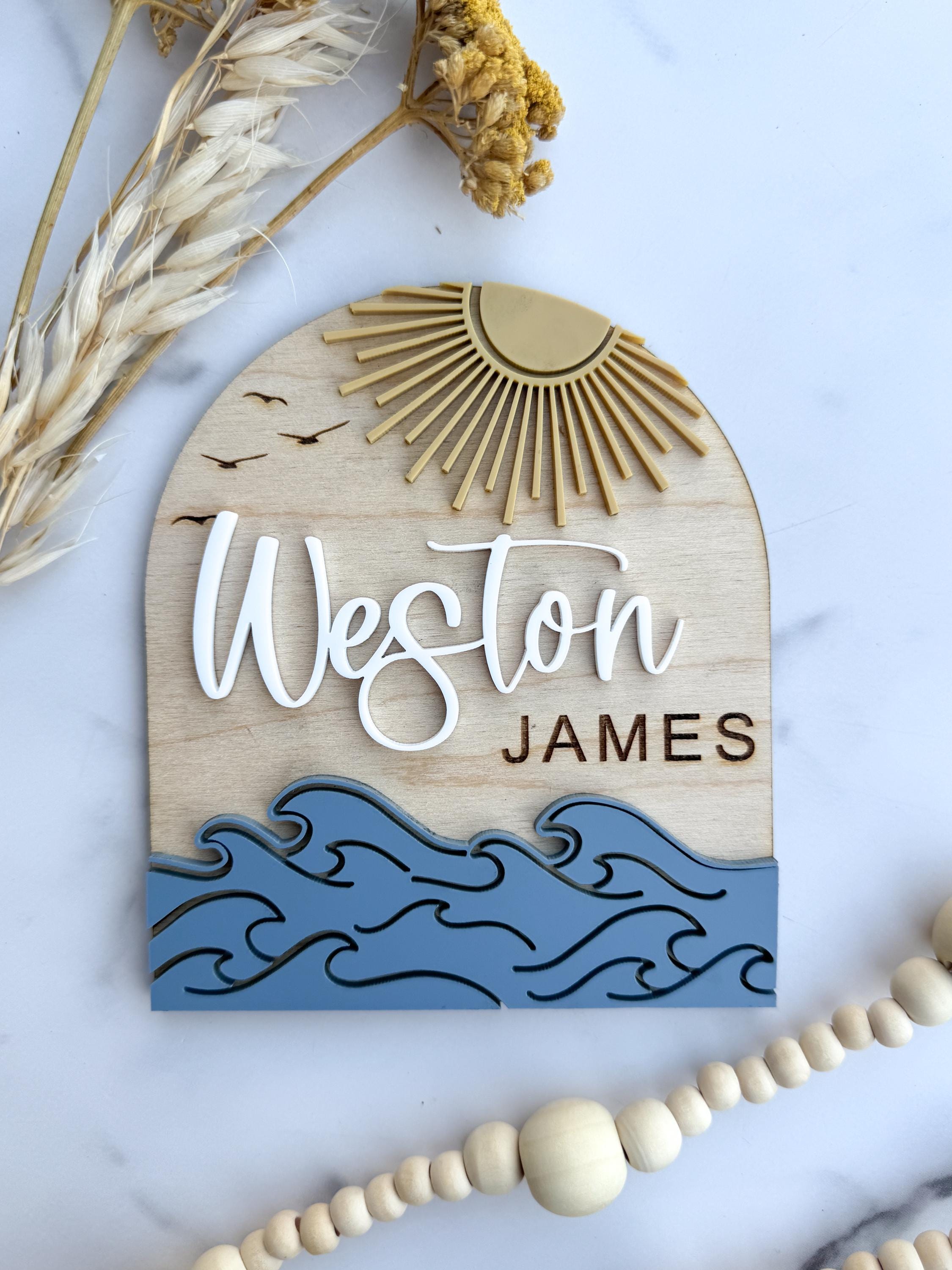 Personalized Wooden Baby Name Sign, Coastal Nursery Decor, Ocean Wave Wall Plaque thumbnail 5
