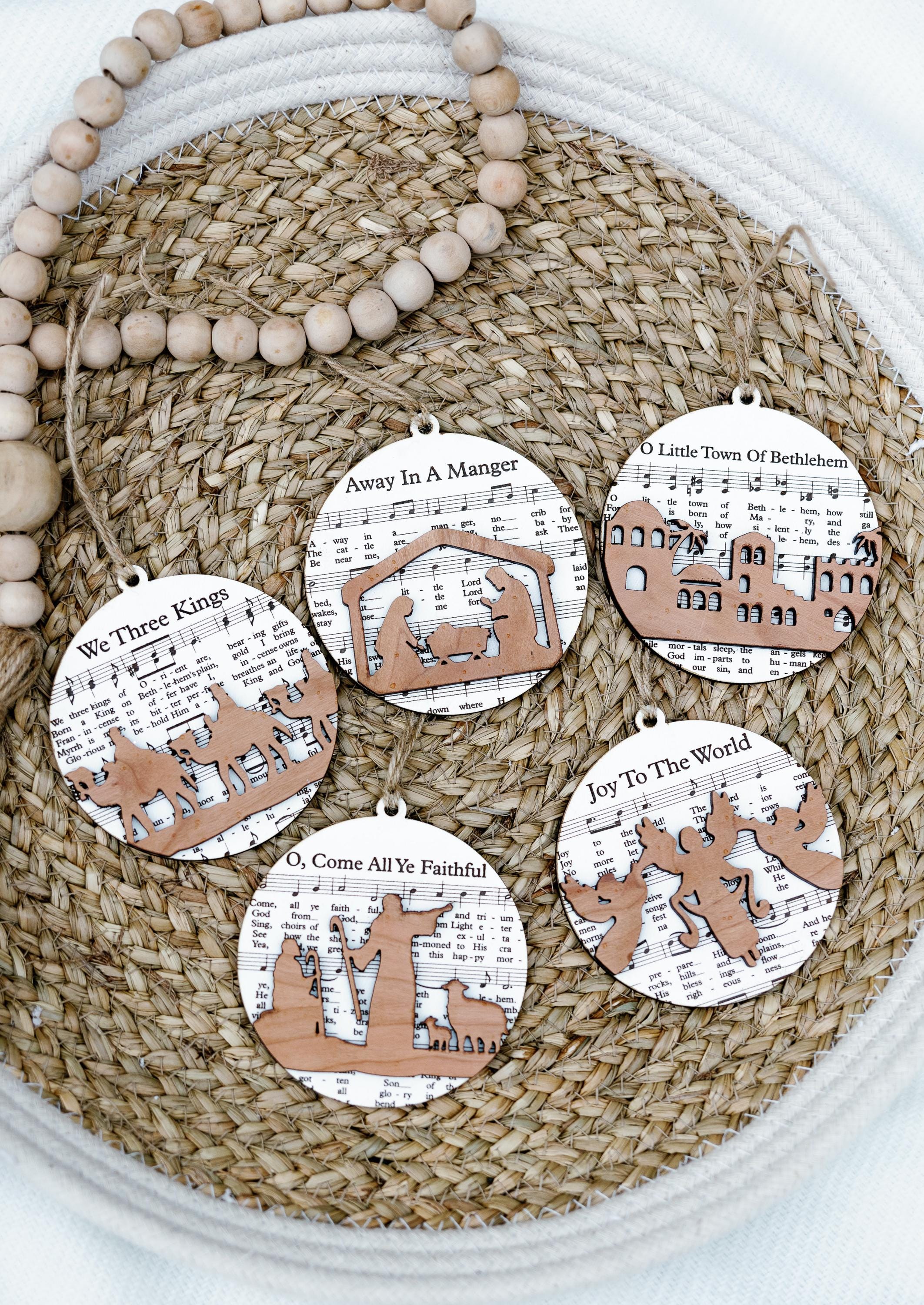 Laser Cut Nativity Scene Ornament Set: Hymn Sheet Music Christmas Decor thumbnail 2