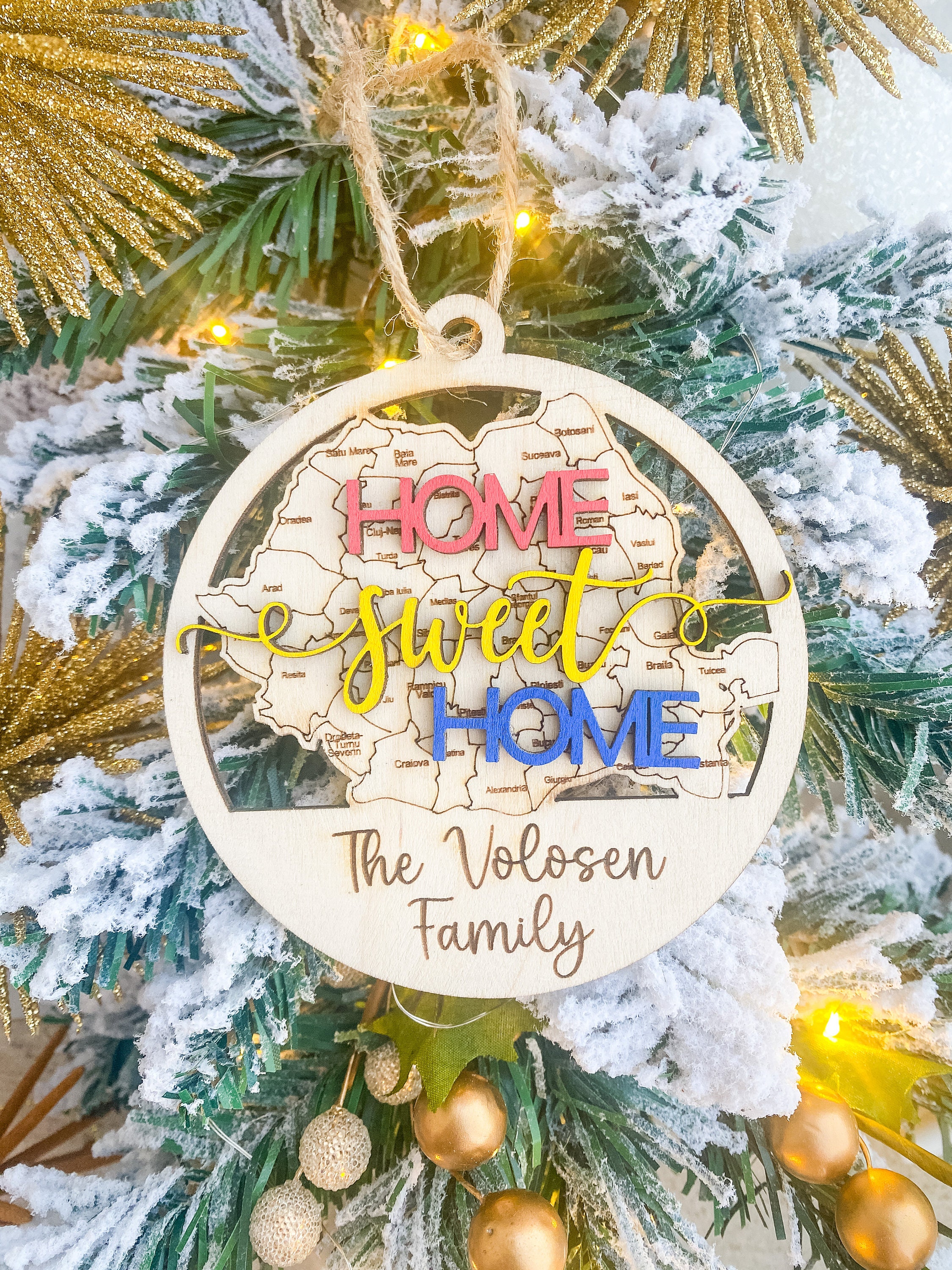 Personalized Romanian Christmas Ornament: Wooden Map Keepsake Gift