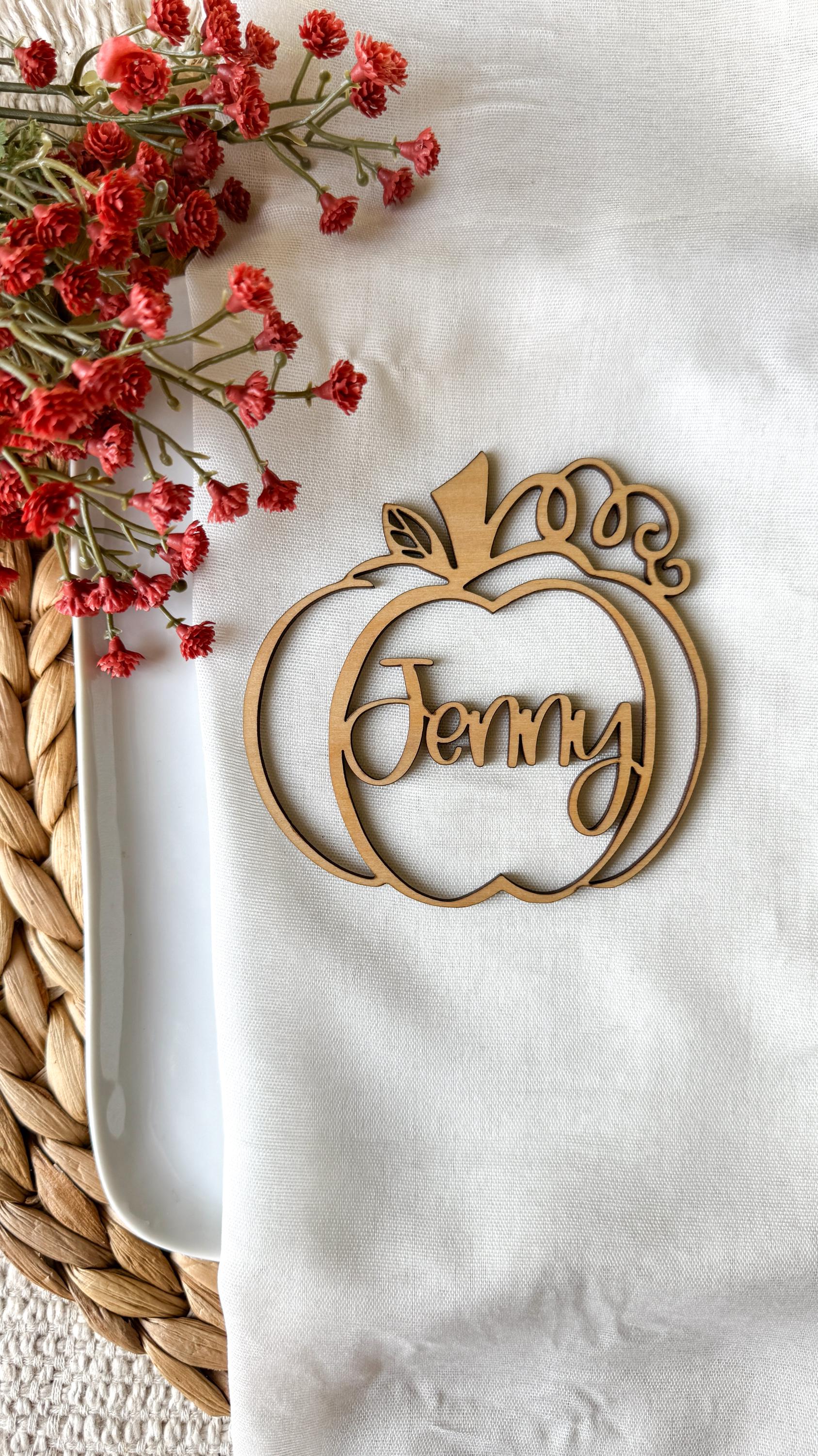 Laser Cut Wood Pumpkin Place Card: Custom Thanksgiving Table Decor