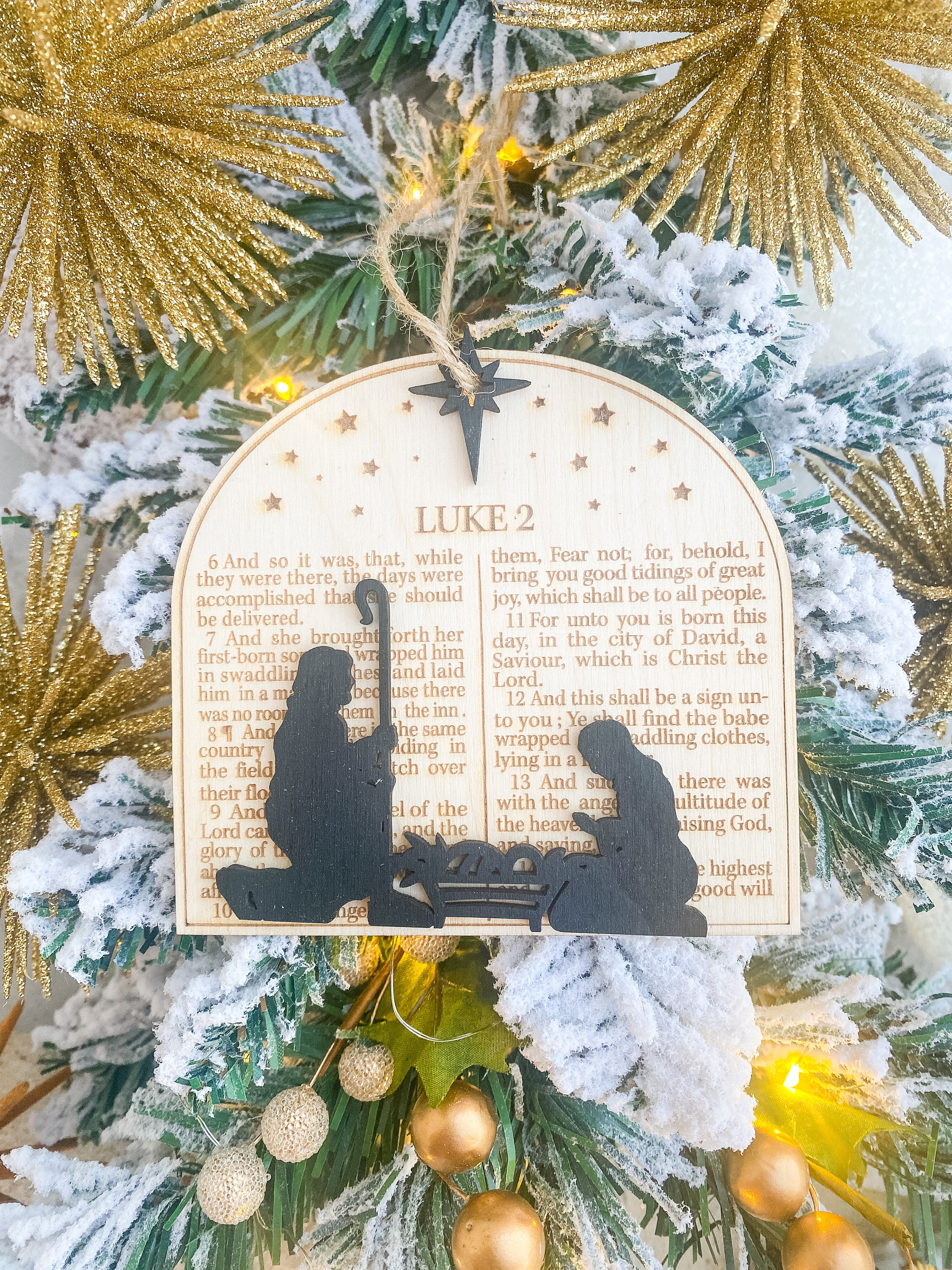 Handcrafted Wooden Nativity Ornament: Engraved Luke 2 Scene thumbnail 2