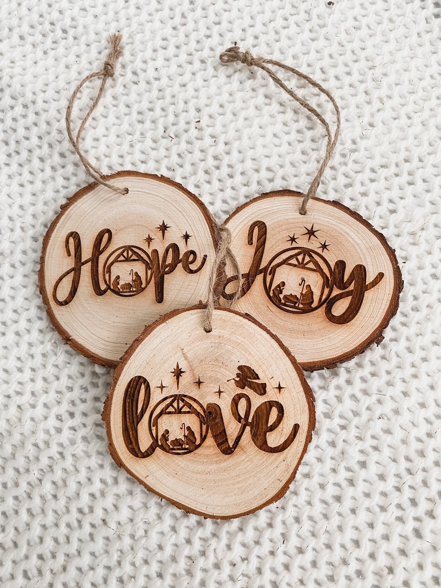 Nativity Wood Slice Christmas Ornaments: Joy, Hope, Love (Set of 3)