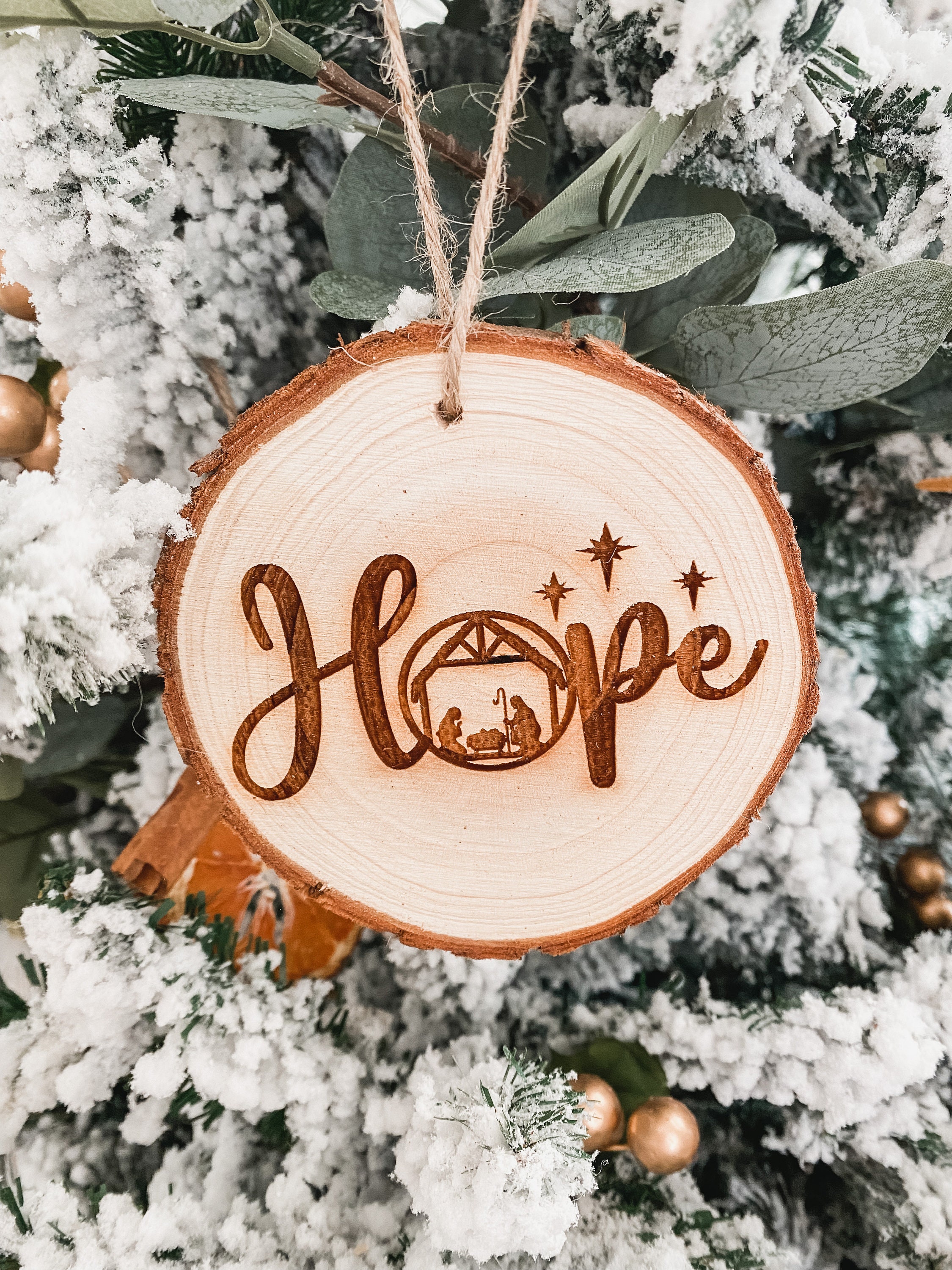 Nativity Wood Slice Christmas Ornaments: Joy, Hope, Love (Set of 3) thumbnail 2