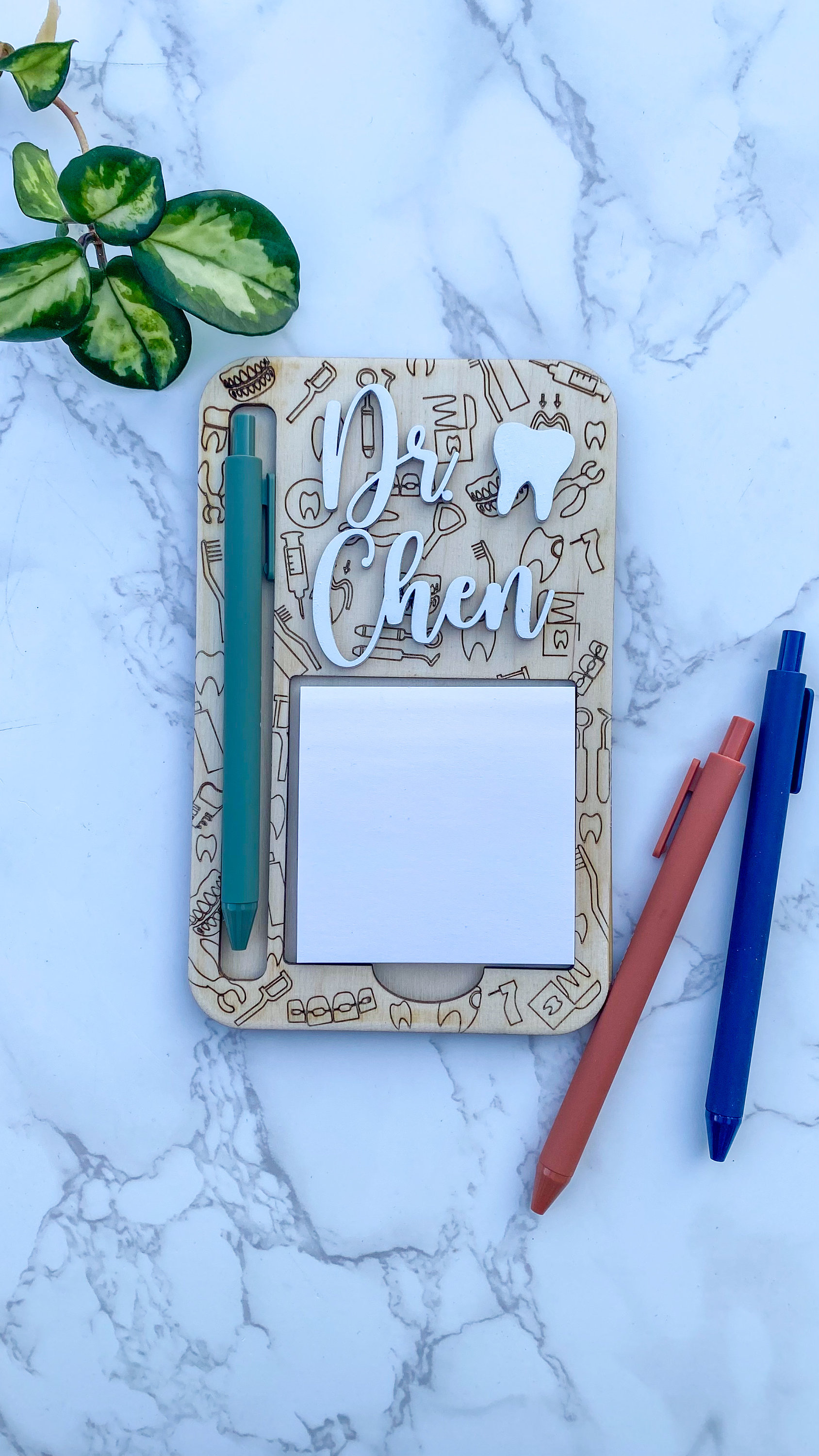 Custom Dentist Sticky Note Holder: Birch Wood Dental Office Gift