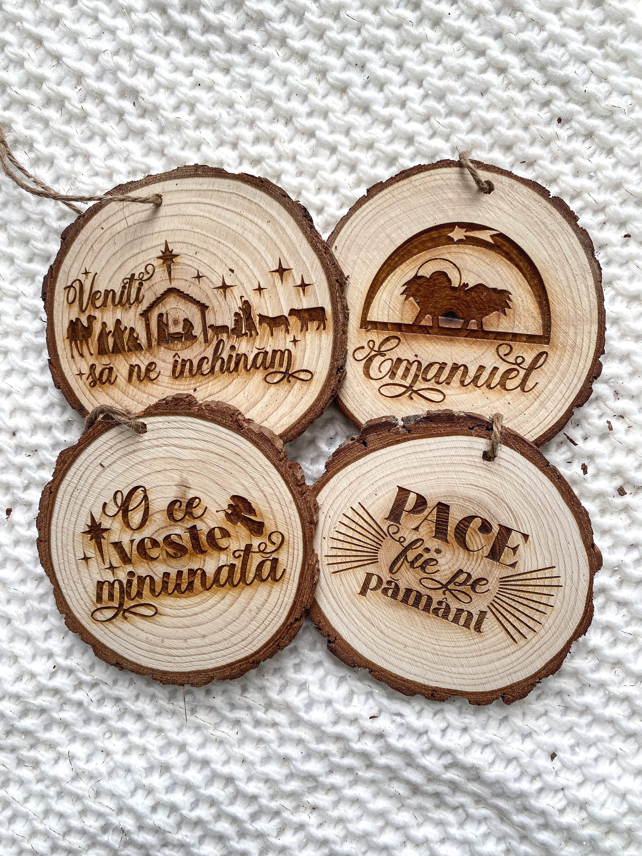 Engraved Nativity Wood Slice Ornament - Romanian Christmas Gift thumbnail 2