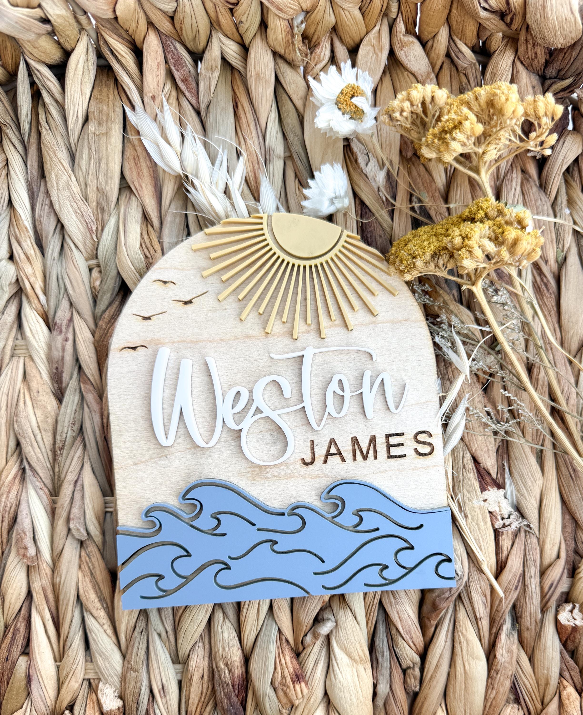 Personalized Wooden Baby Name Sign, Coastal Nursery Decor, Ocean Wave Wall Plaque thumbnail 2