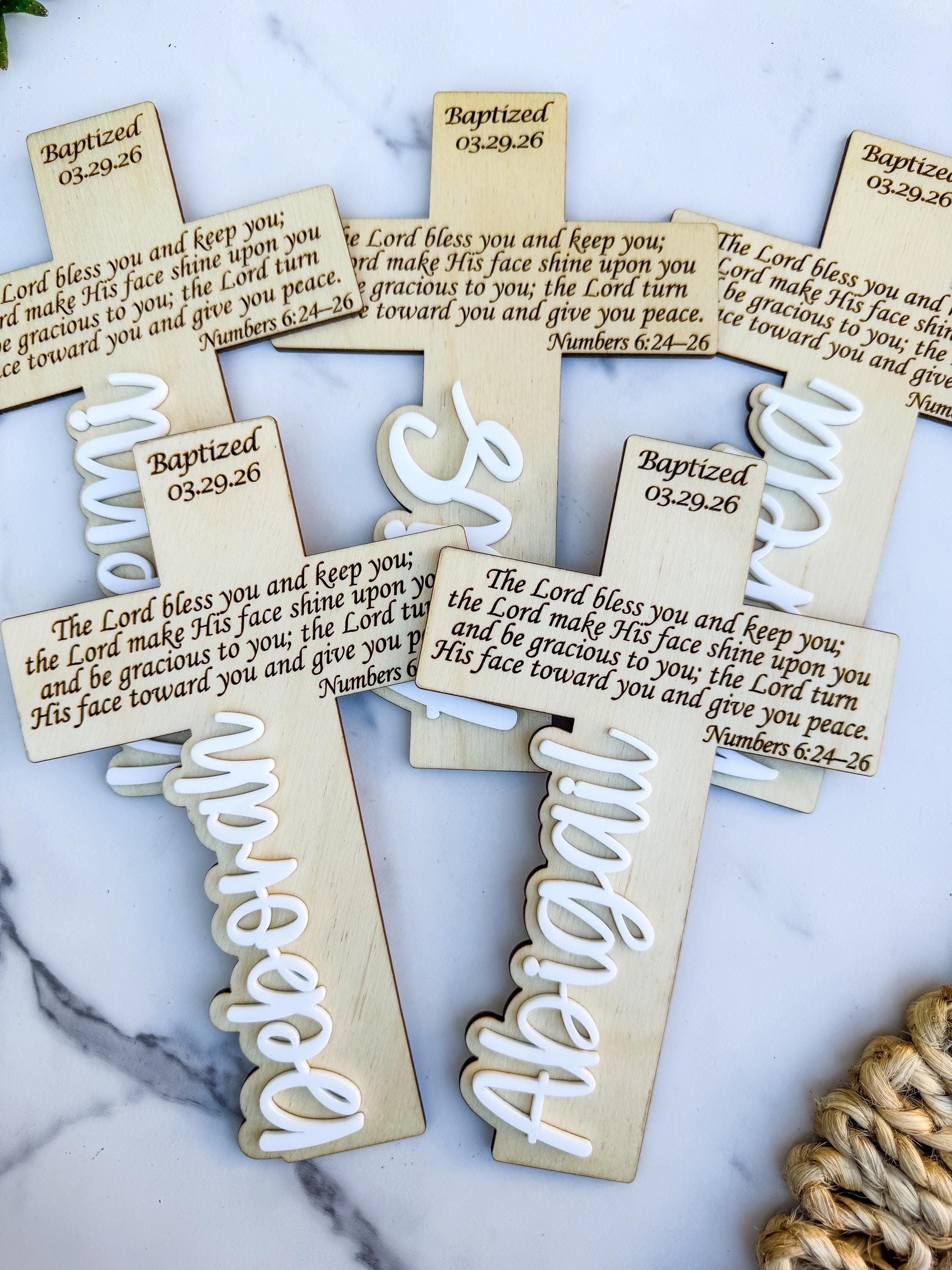 Wooden Baptism Cross Name Engraved Scripture Keepsake Gift Personalized