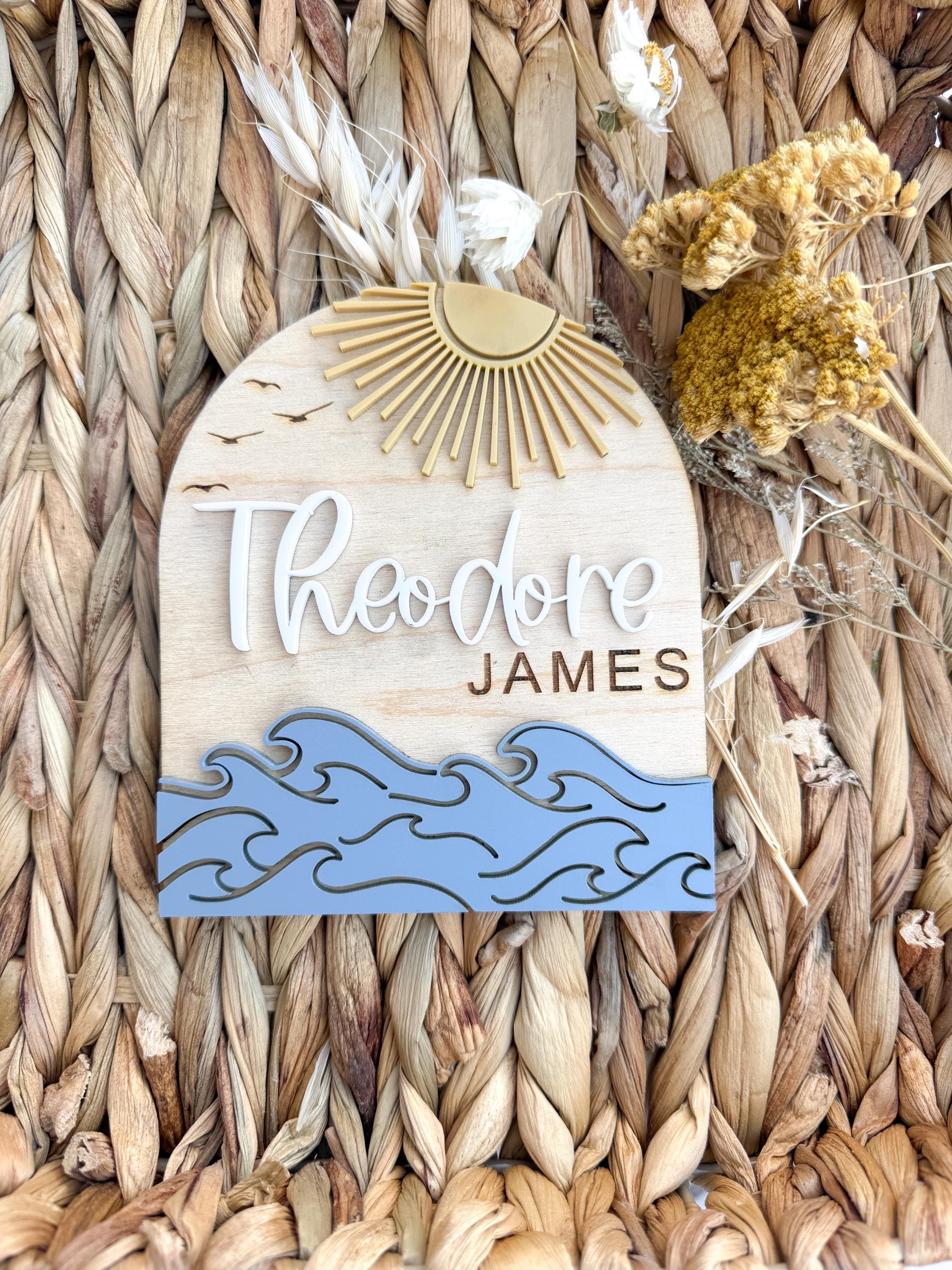 Personalized Wooden Baby Name Sign, Coastal Nursery Decor, Ocean Wave Wall Plaque thumbnail 4