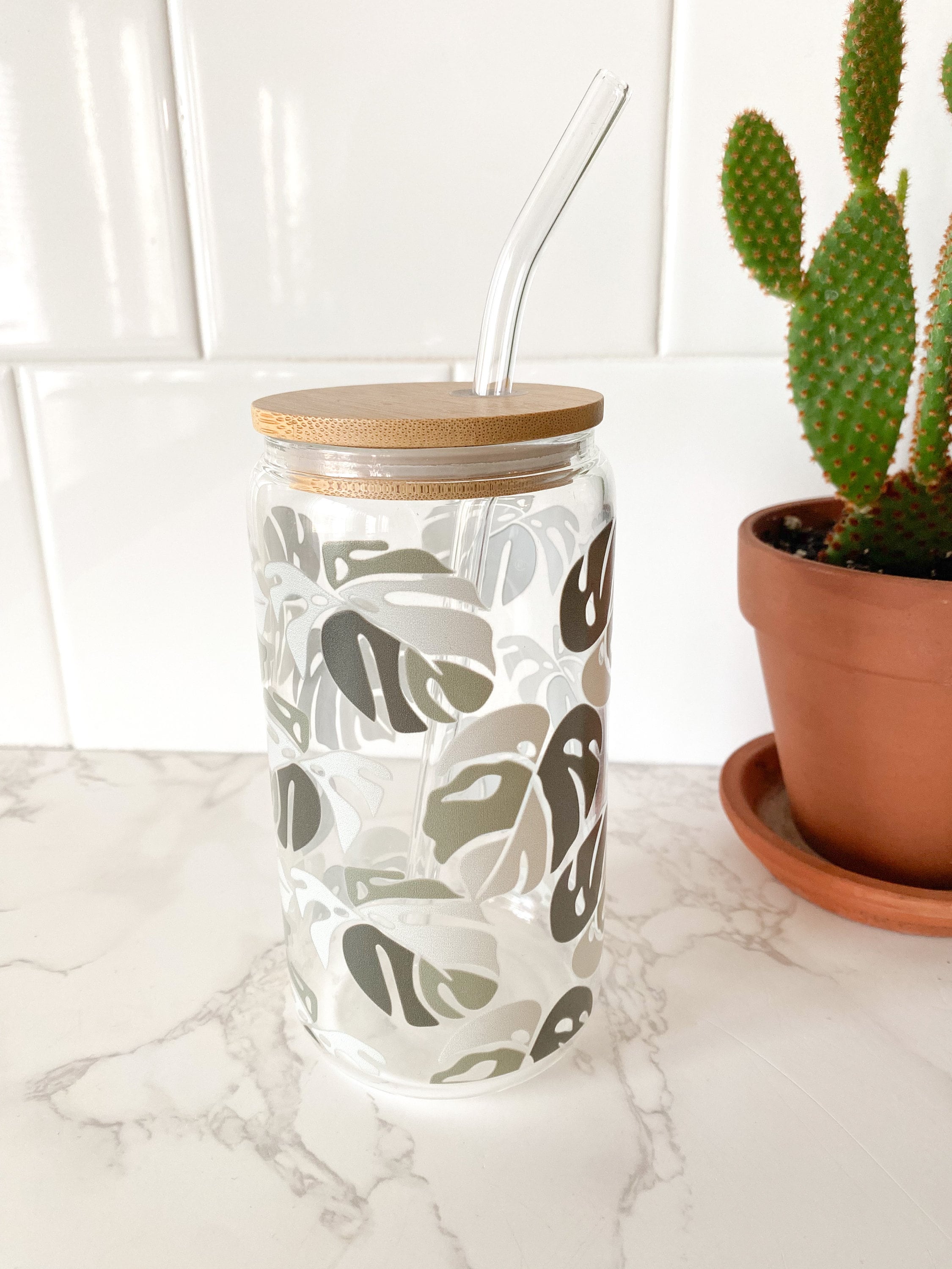 Monstera Leaf Glass Iced Coffee Cup: Plant Lady Gift thumbnail 2