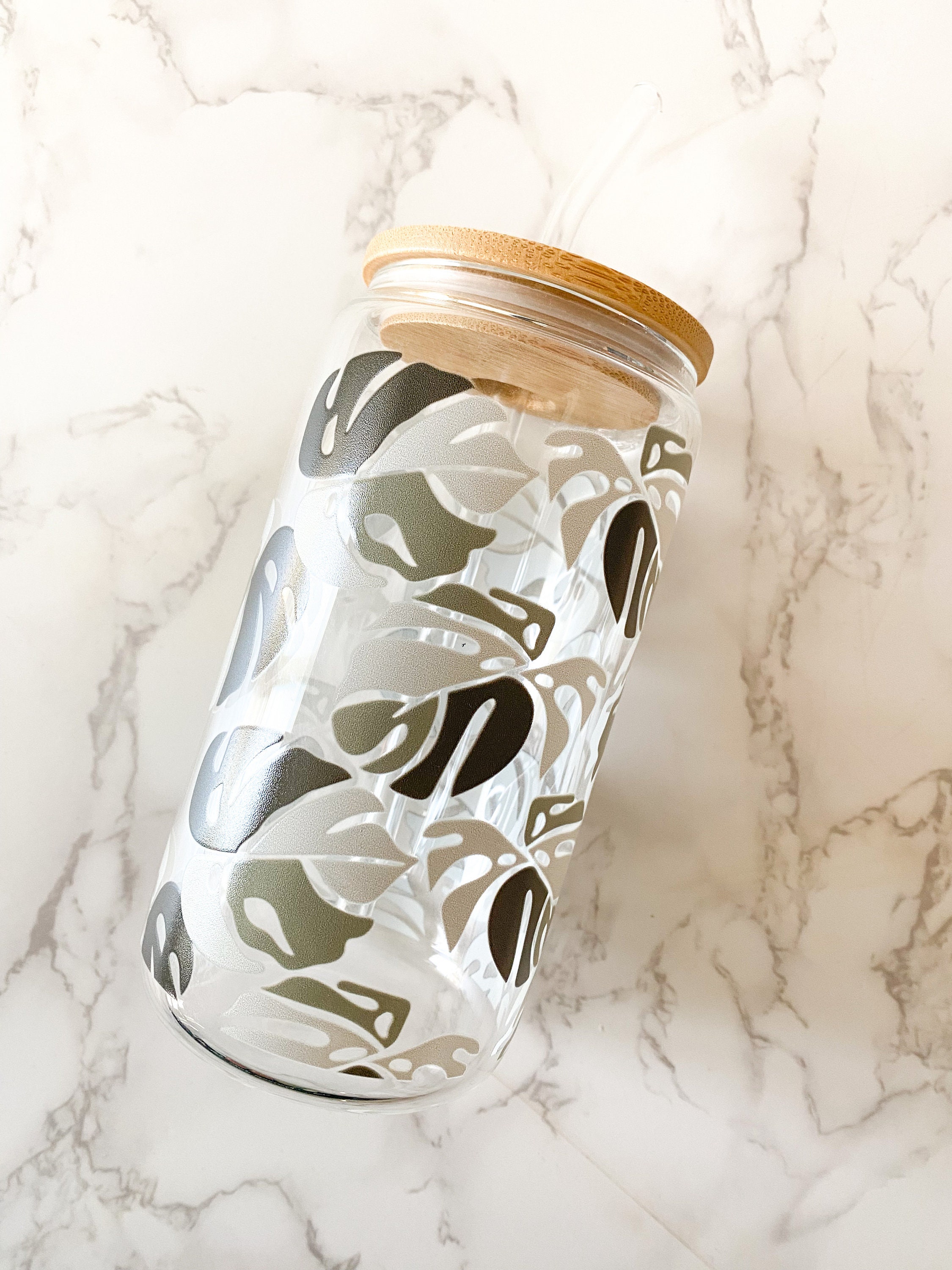 Monstera Leaf Glass Iced Coffee Cup: Plant Lady Gift thumbnail 3