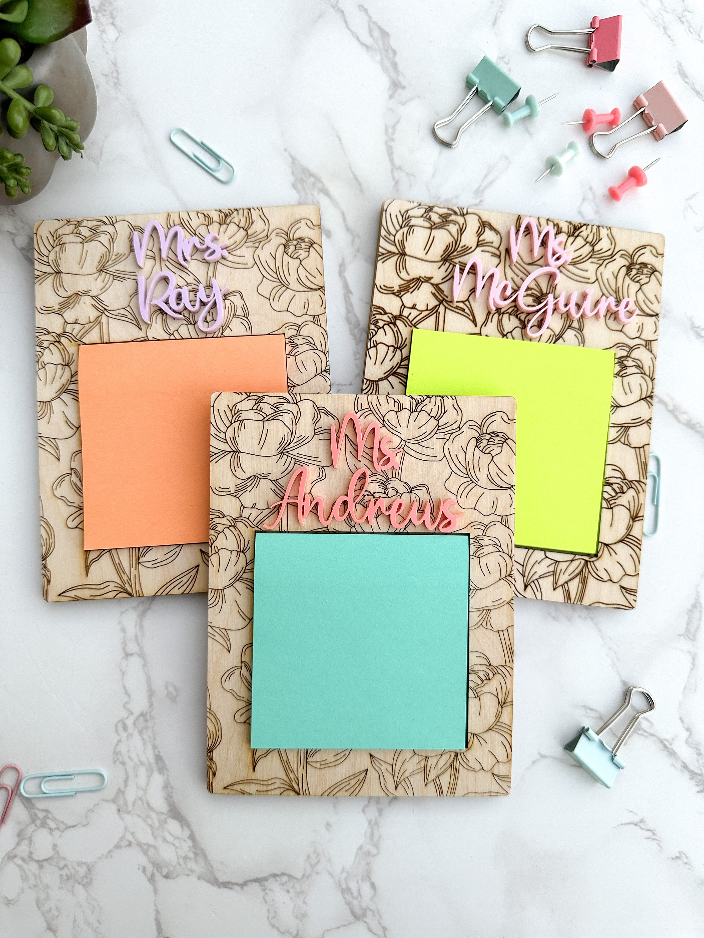 Personalized Floral Wooden Sticky Note Holder | Laser Cut Acrylic Name thumbnail 2