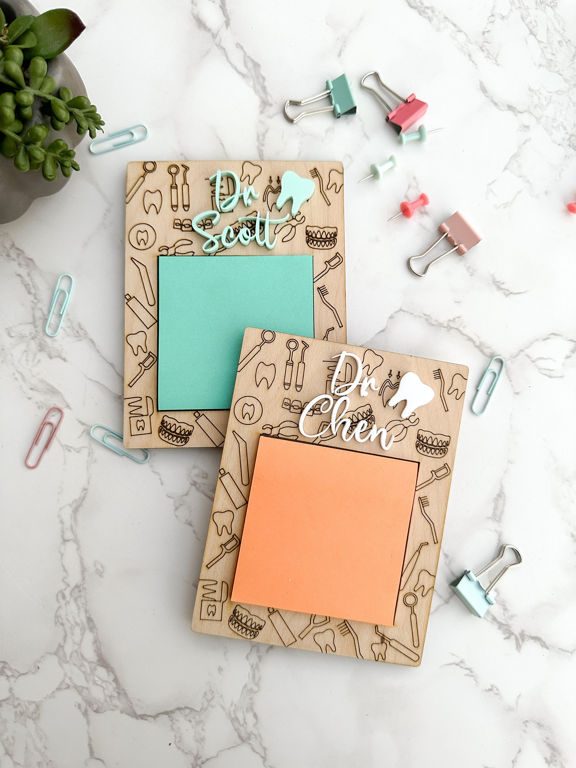 Personalized Wooden Sticky Note Holder: Laser-Cut Acrylic Name, Dental Office Gift