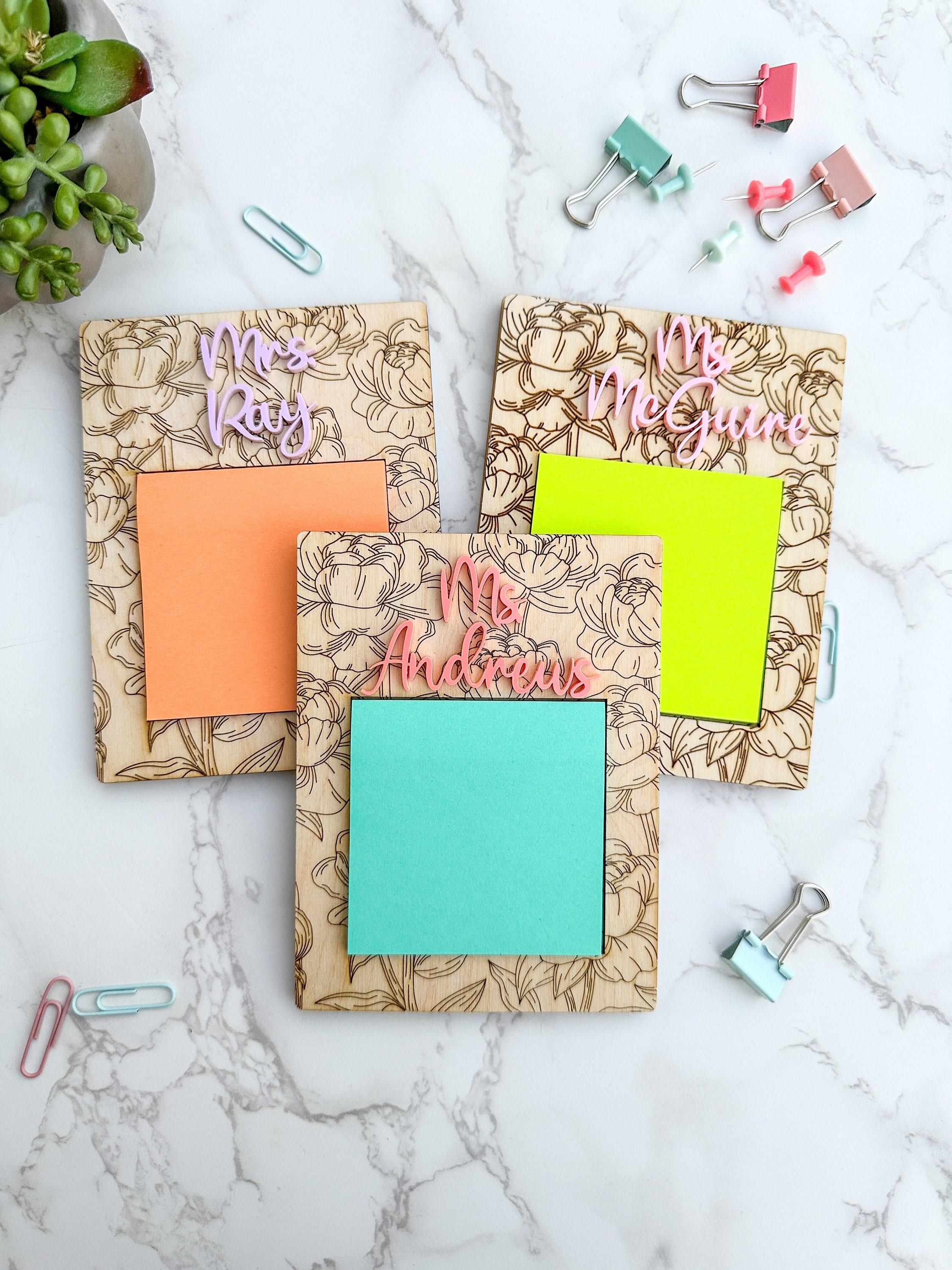 Personalized Floral Wooden Sticky Note Holder | Laser Cut Acrylic Name thumbnail 3