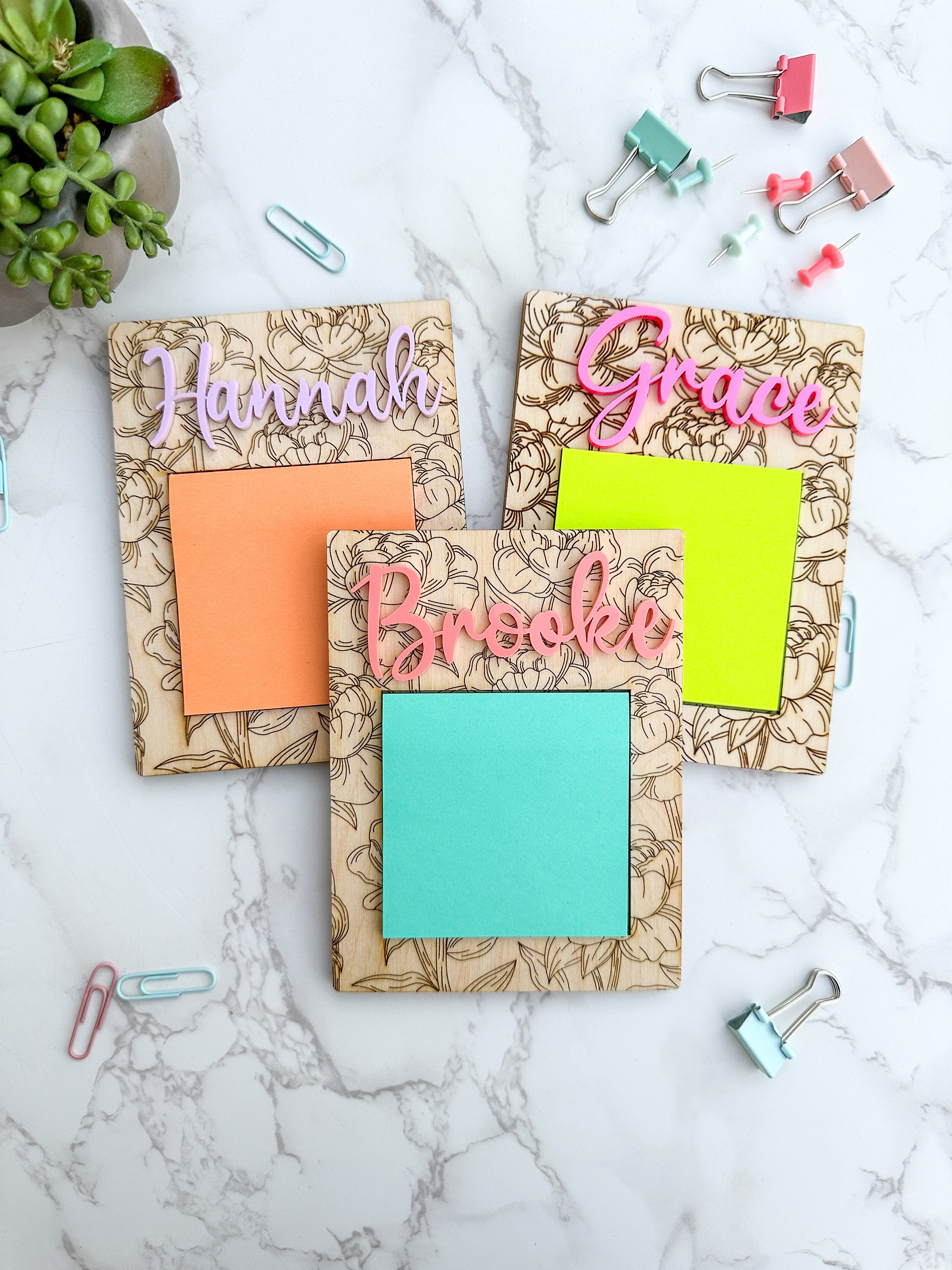 Personalized Floral Wooden Sticky Note Holder | Laser Cut Acrylic Name