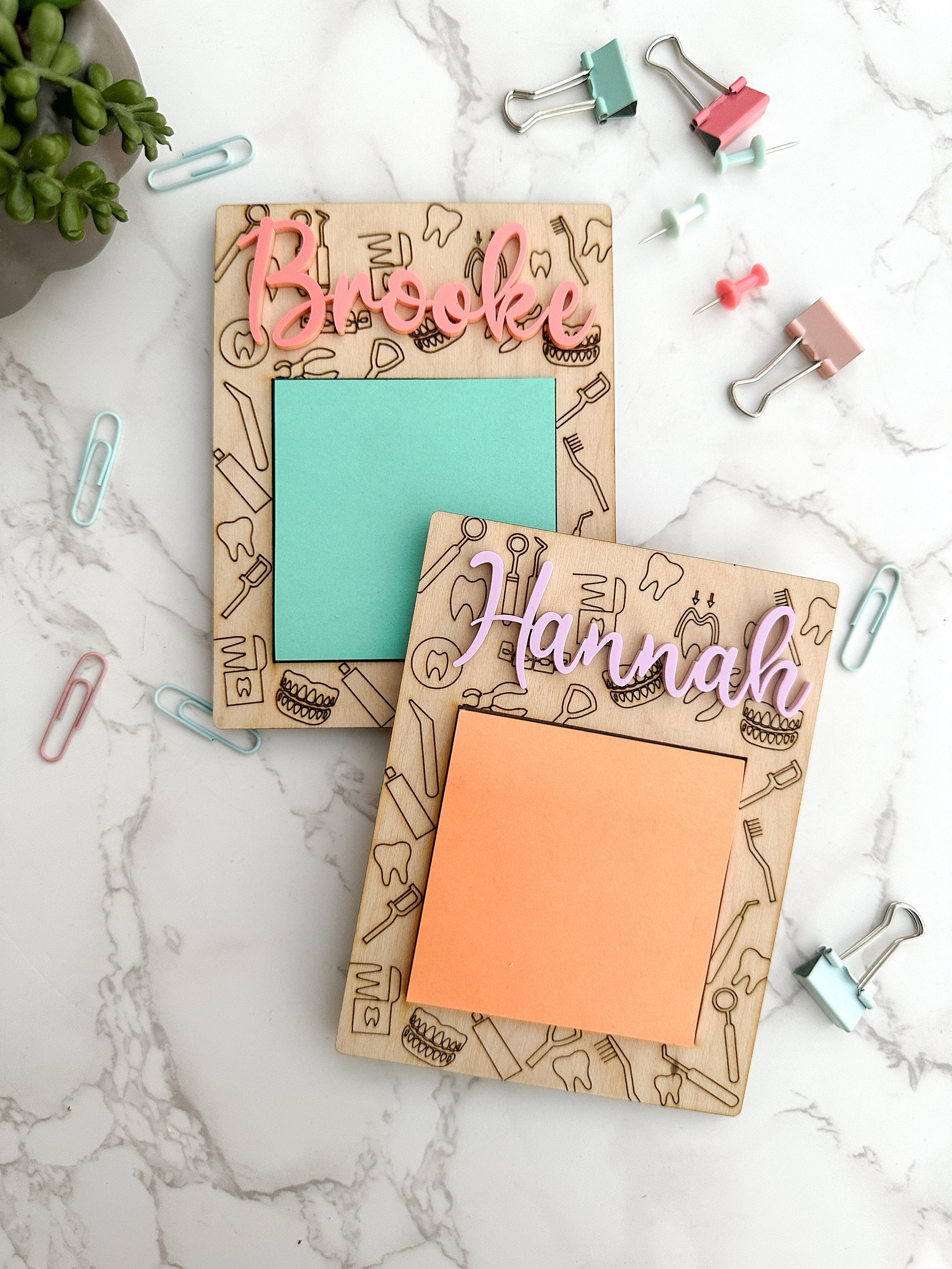 Personalized Wooden Sticky Note Holder: Laser-Cut Acrylic Name, Dental Office Gift thumbnail 2