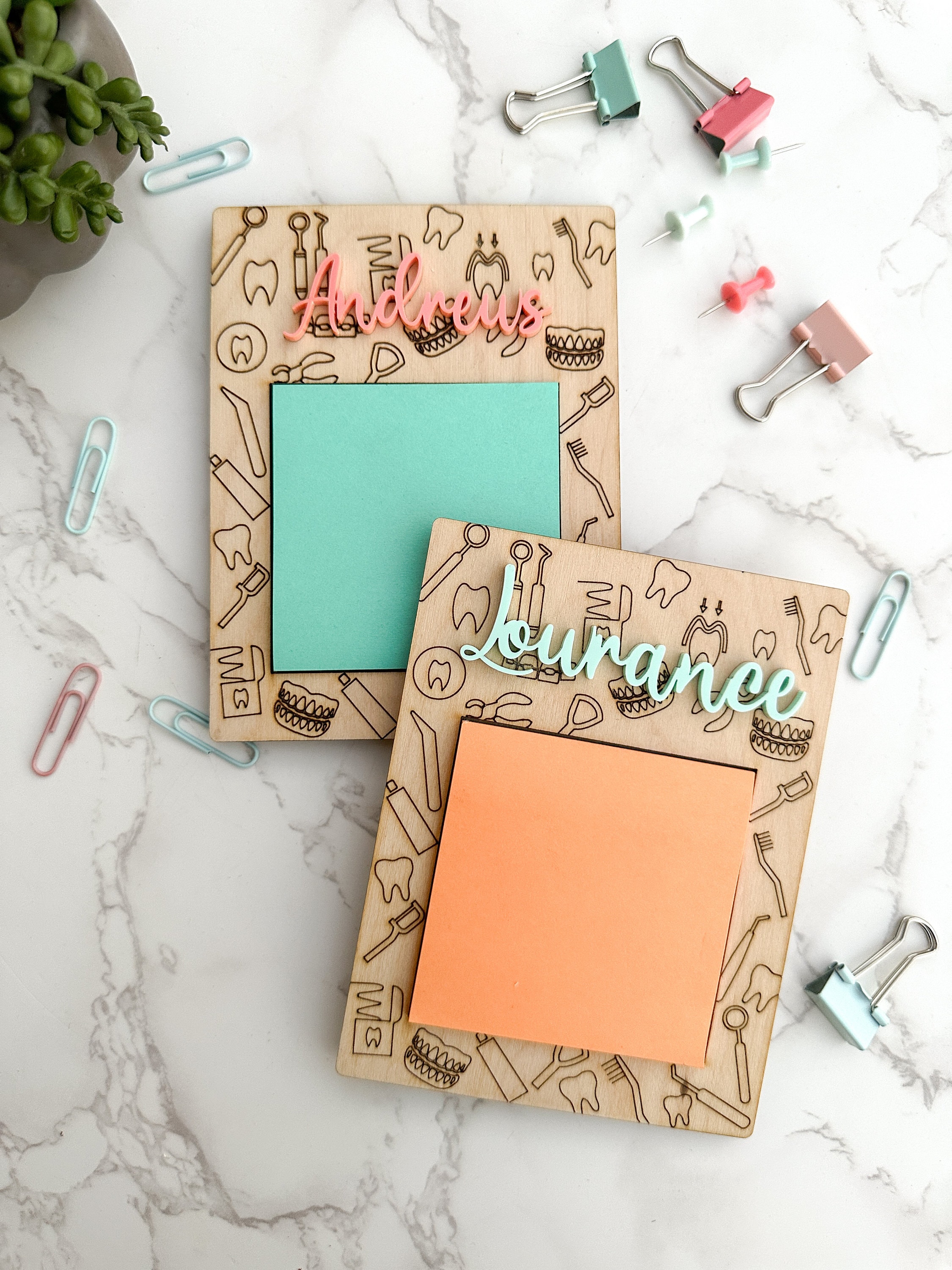 Personalized Wooden Sticky Note Holder: Laser-Cut Acrylic Name, Dental Office Gift thumbnail 3