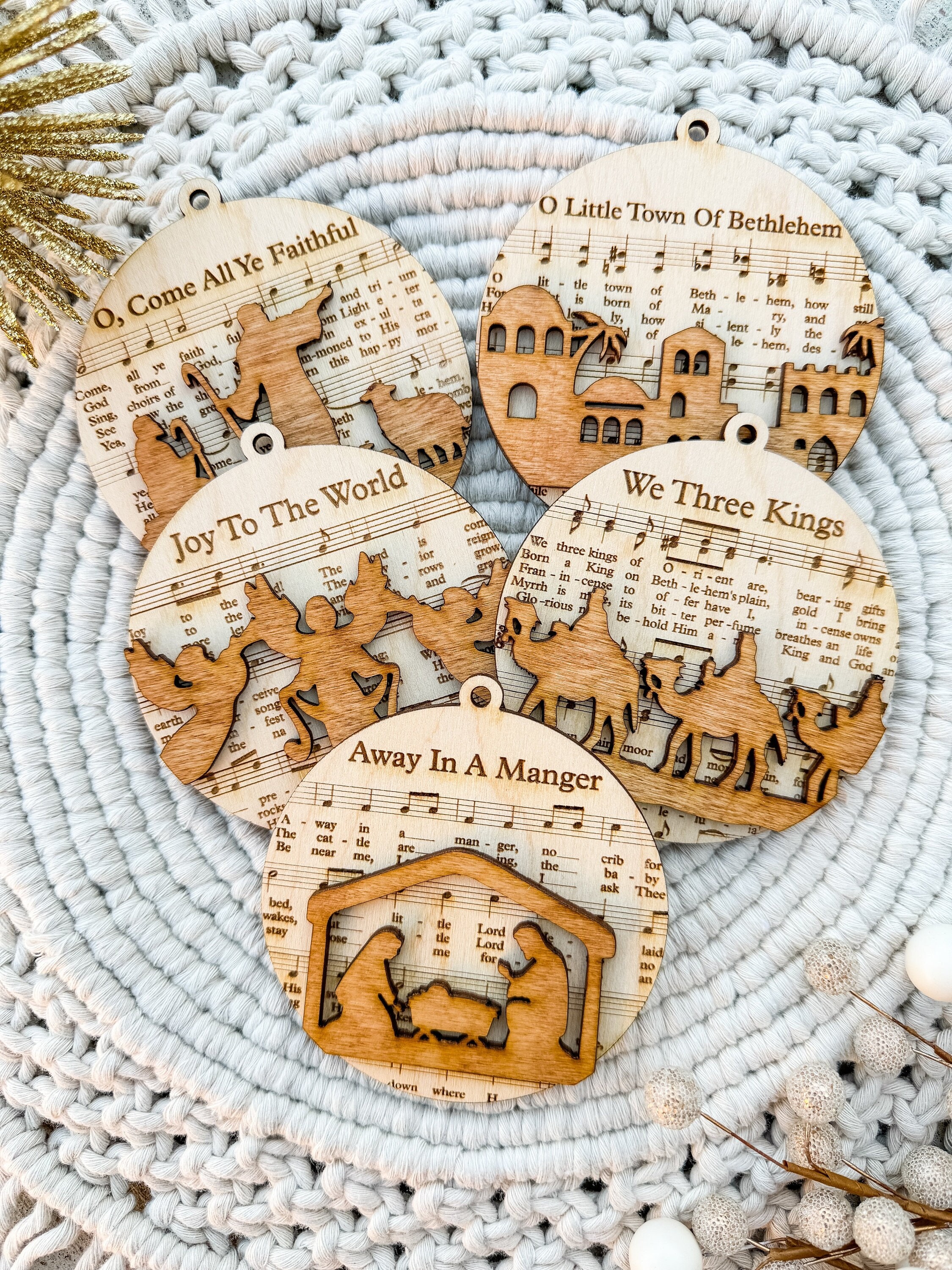 Laser Cut Nativity Scene Ornament: Hymn Sheet Music Christmas Decor