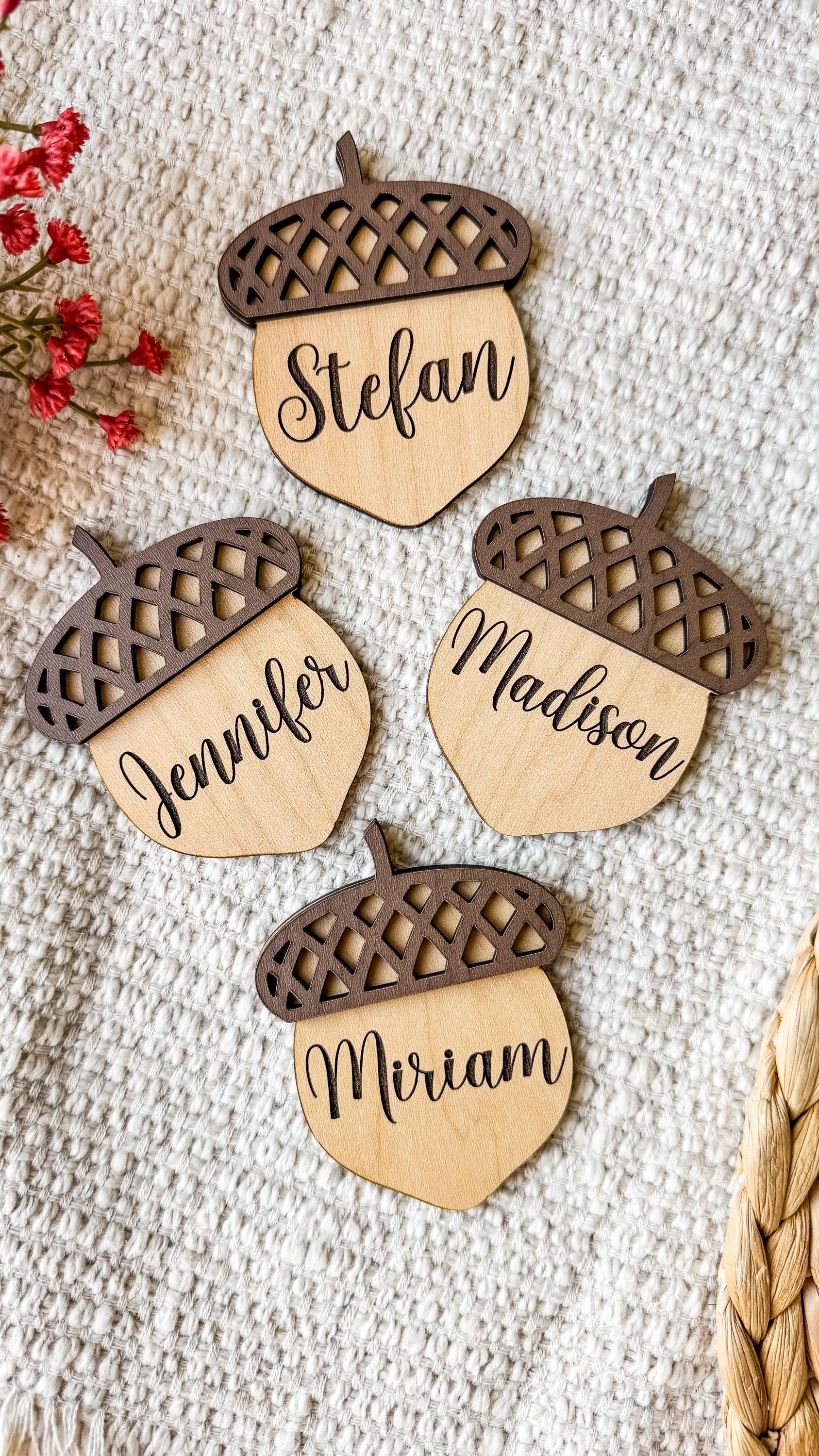 Walnut and Birch Acorn Place Card: Rustic Thanksgiving Table Decor