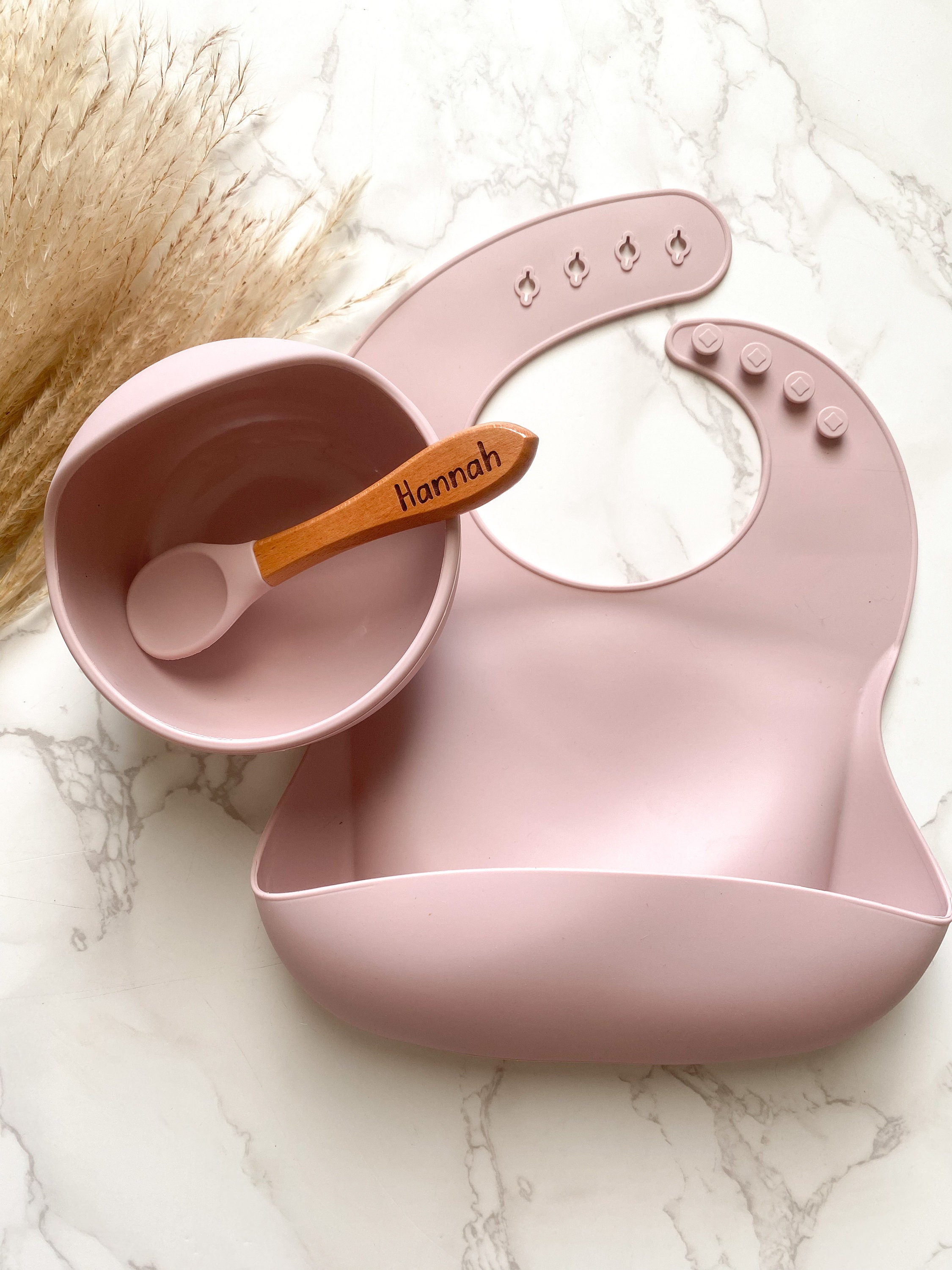 Personalized Silicone Baby Feeding Set: Bib, Bowl & Wooden Spoon
