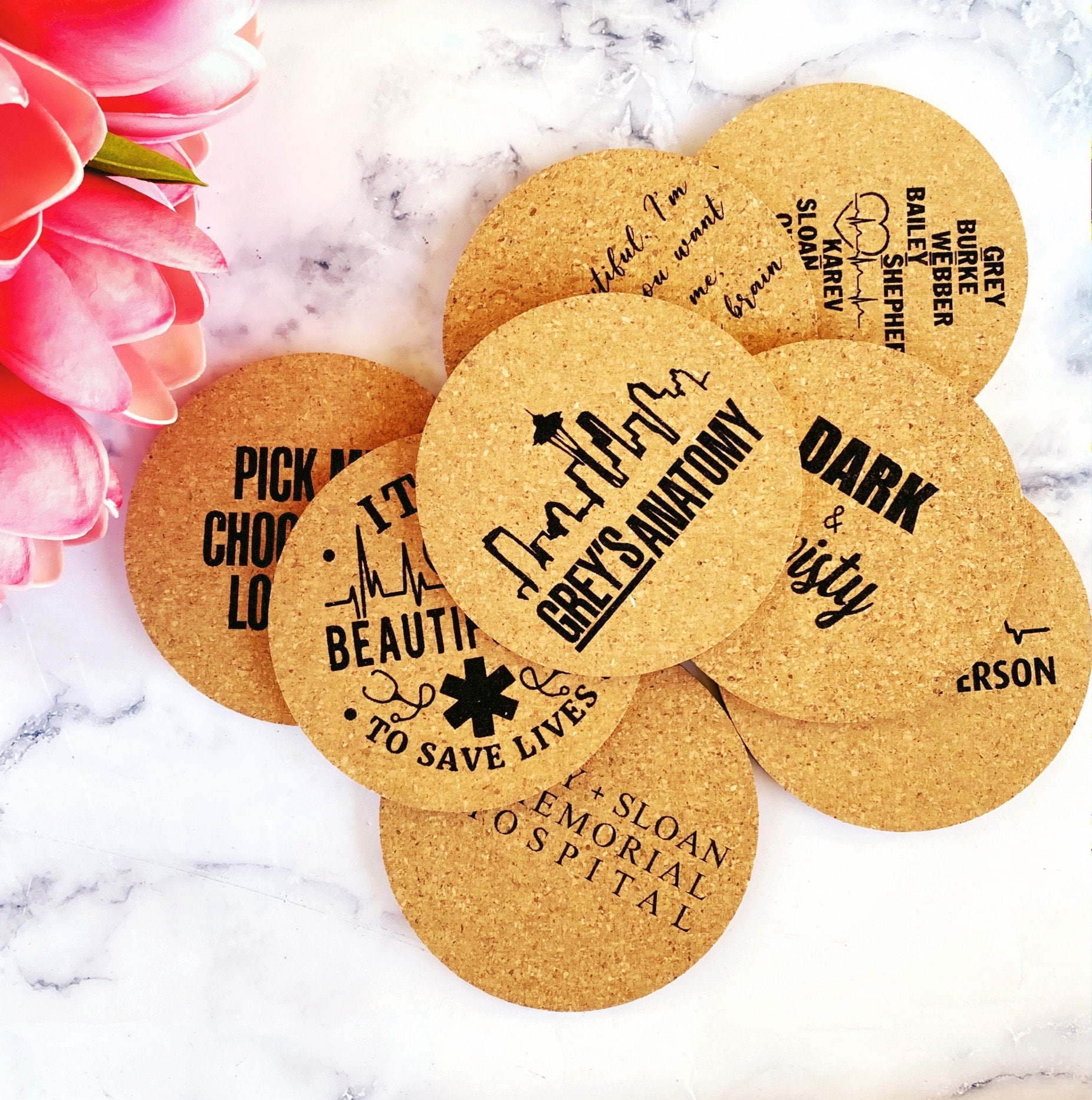 Grey's Anatomy Engraved Cork Coasters: TV Fan Gift
