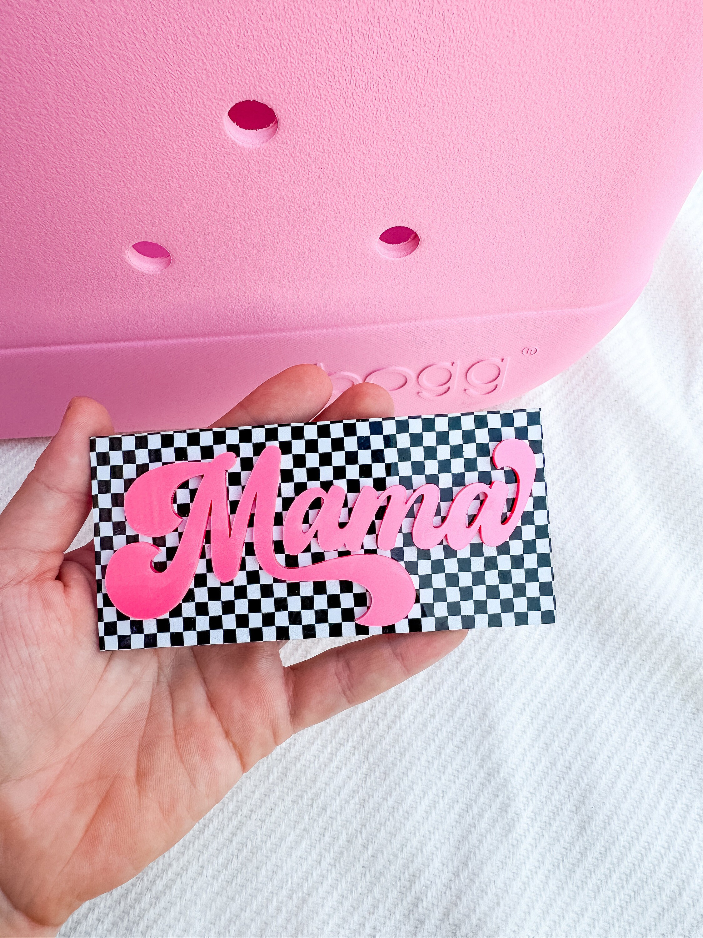 Checkered MAMA Bogg Bag Charm: Pink or Blue Bag Accessory, mom gift thumbnail 2
