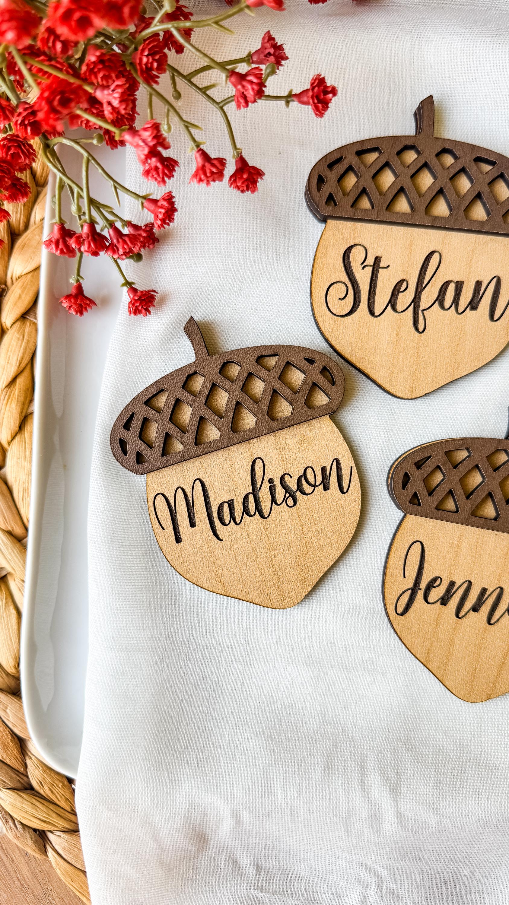 Walnut and Birch Acorn Place Card: Rustic Thanksgiving Table Decor thumbnail 6