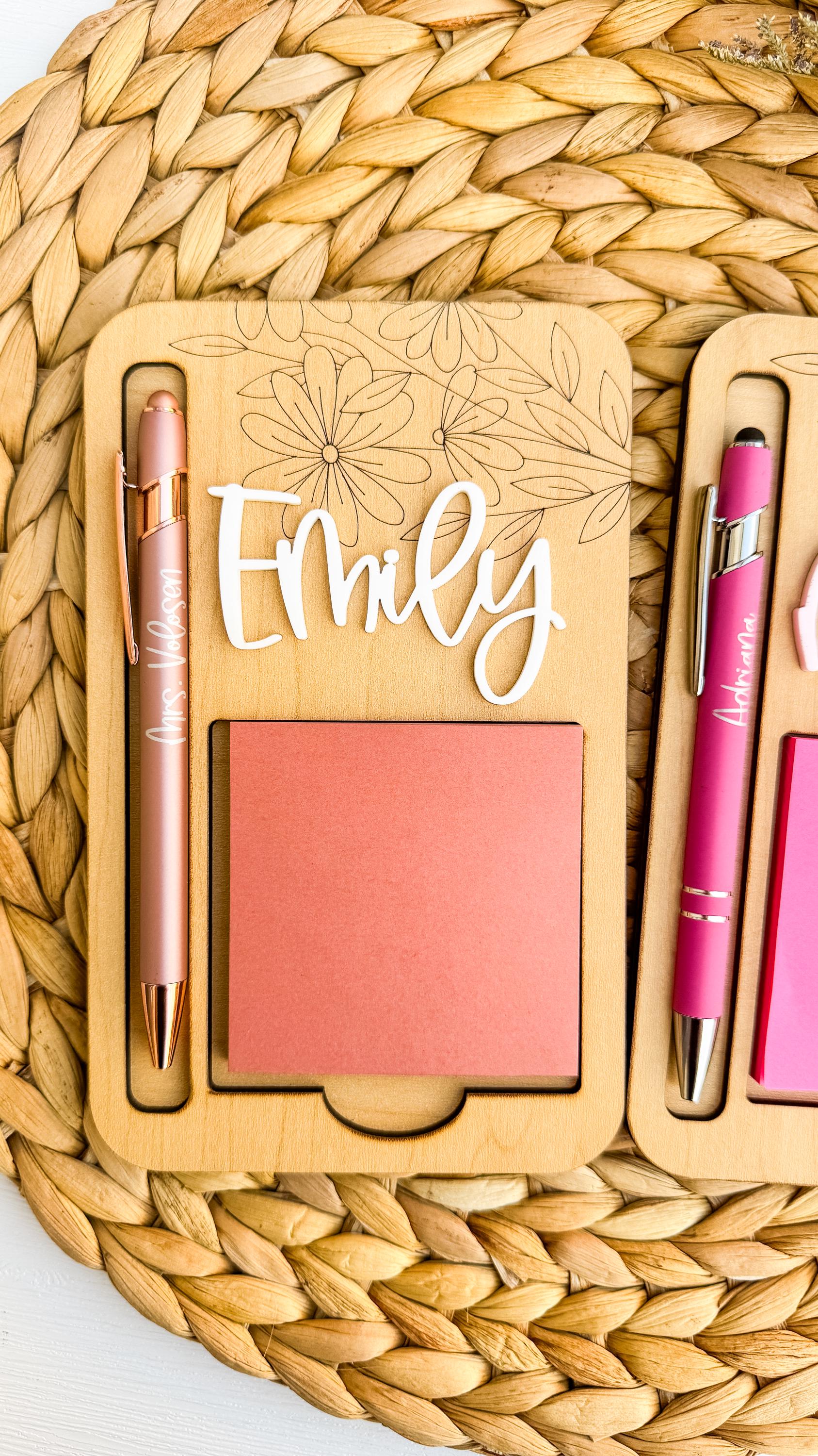 Floral Wooden Sticky Note Holder: Personalized Acrylic Name, Office Desk Accessory thumbnail 2
