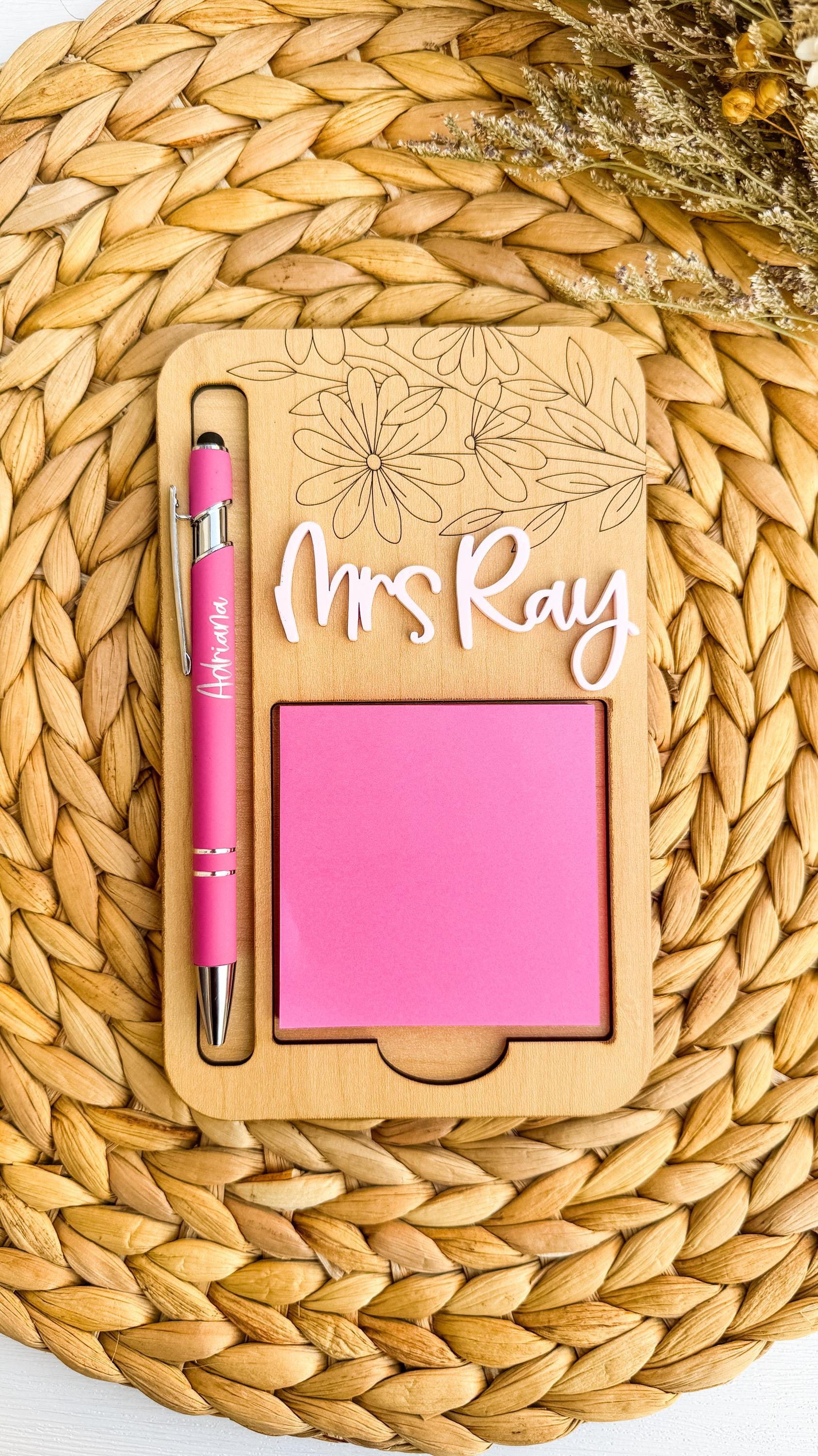 Floral Wooden Sticky Note Holder: Personalized Acrylic Name, Office Desk Accessory thumbnail 3