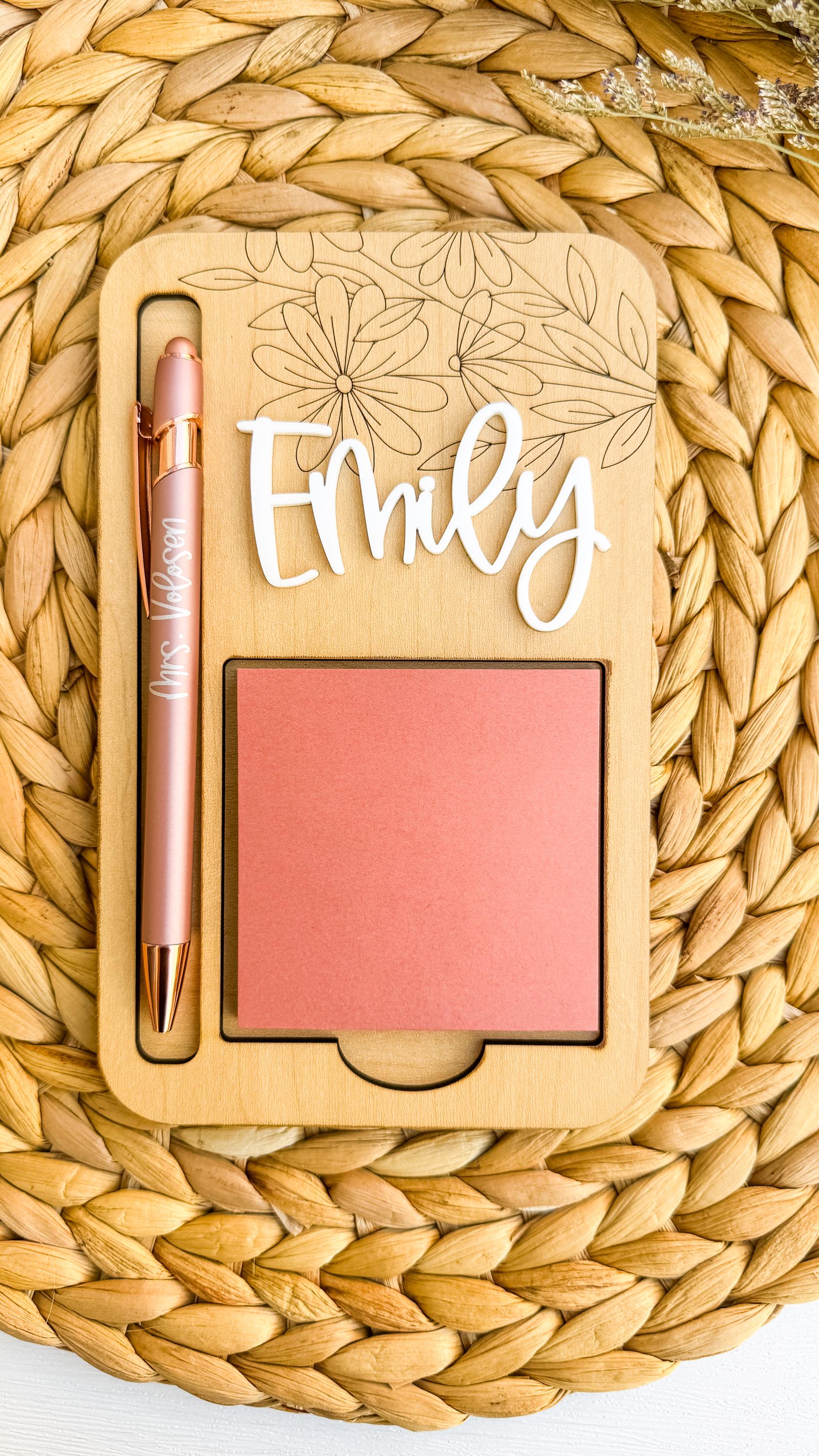 Floral Wooden Sticky Note Holder: Personalized Acrylic Name, Office Desk Accessory thumbnail 6
