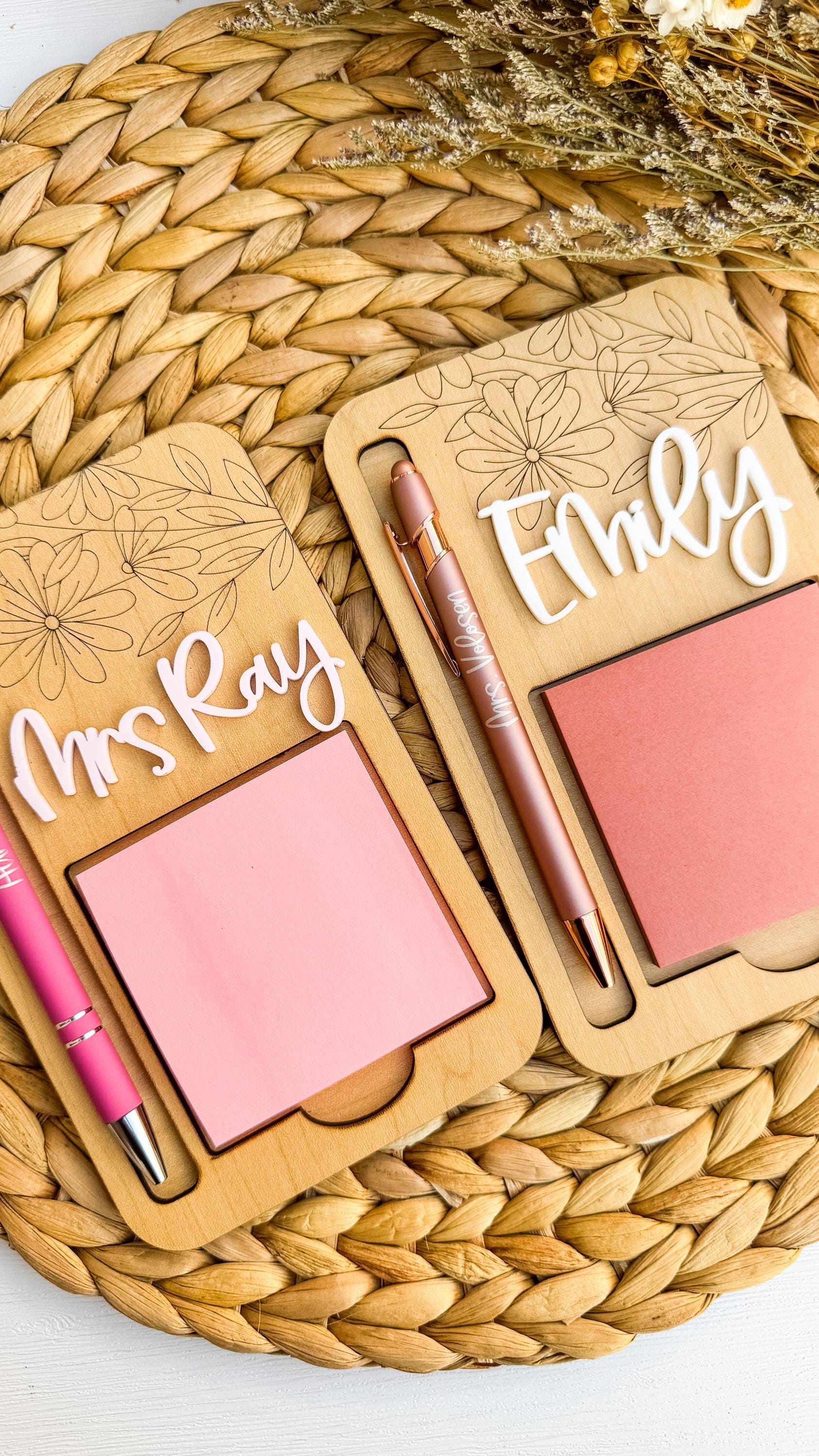 Floral Wooden Sticky Note Holder: Personalized Acrylic Name, Office Desk Accessory thumbnail 7