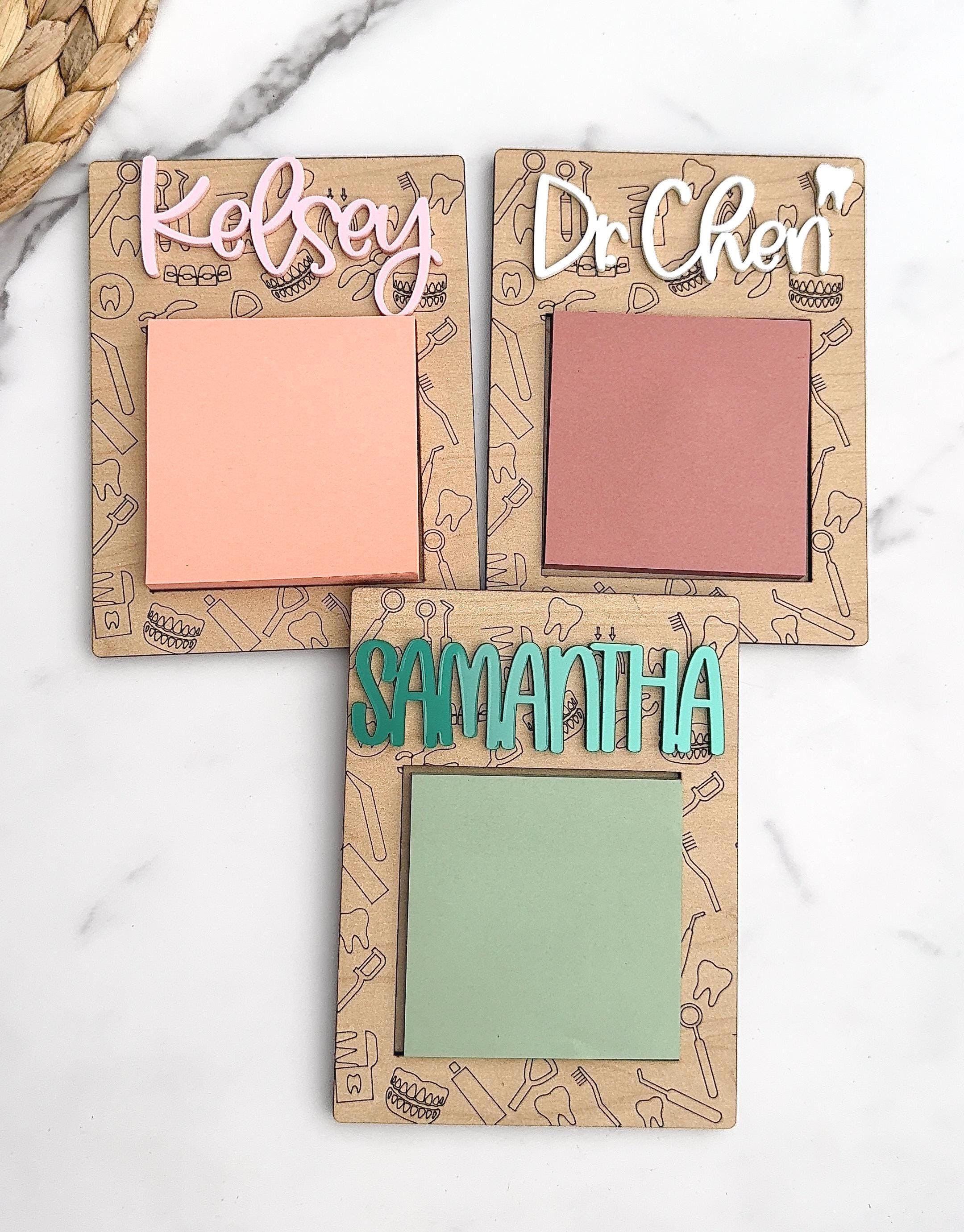Personalized Wooden Sticky Note Holder: Laser-Cut Acrylic Name, Dental Office Gift