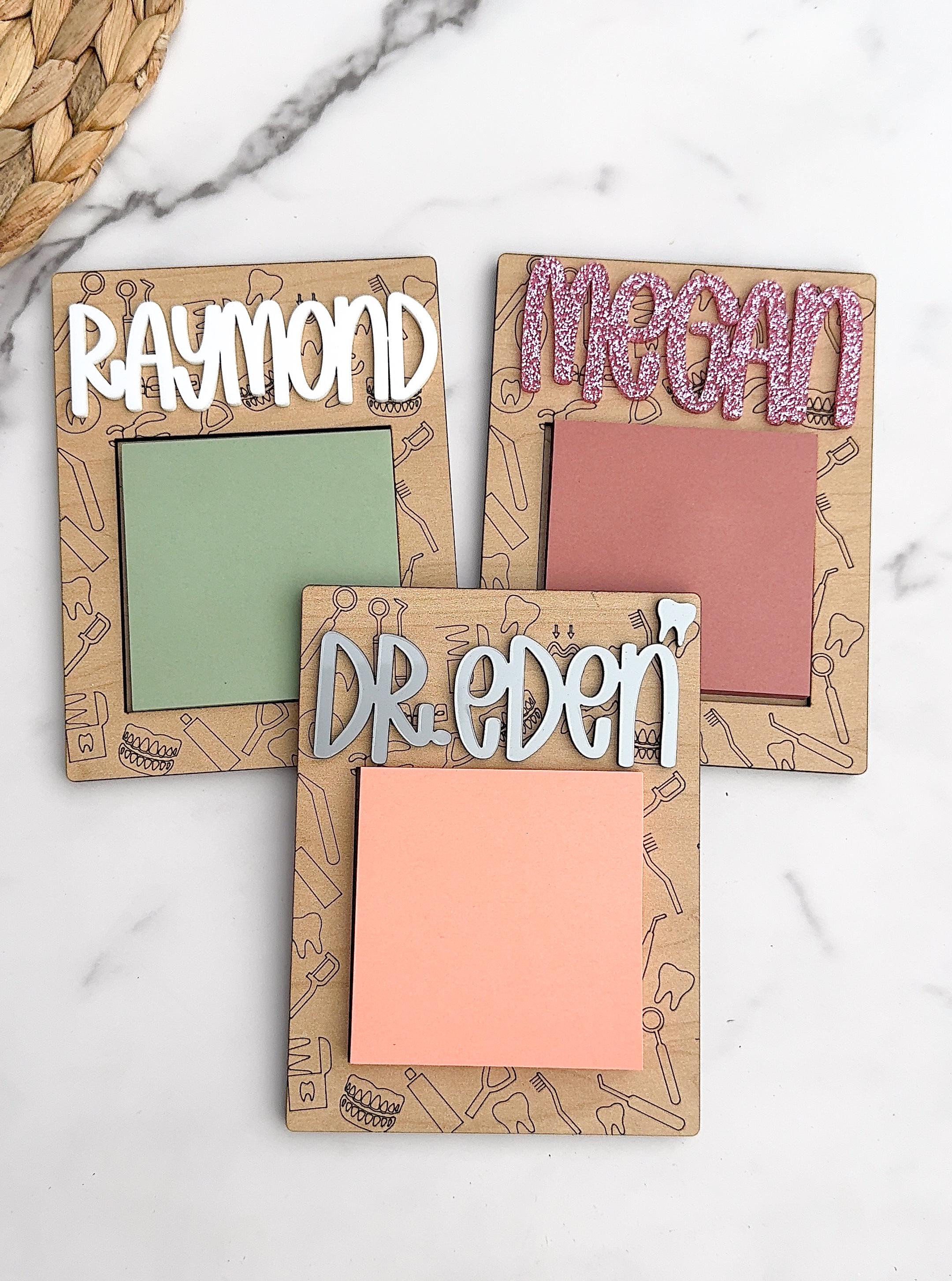 Personalized Wooden Sticky Note Holder: Laser-Cut Acrylic Name, Dental Office Gift thumbnail 2