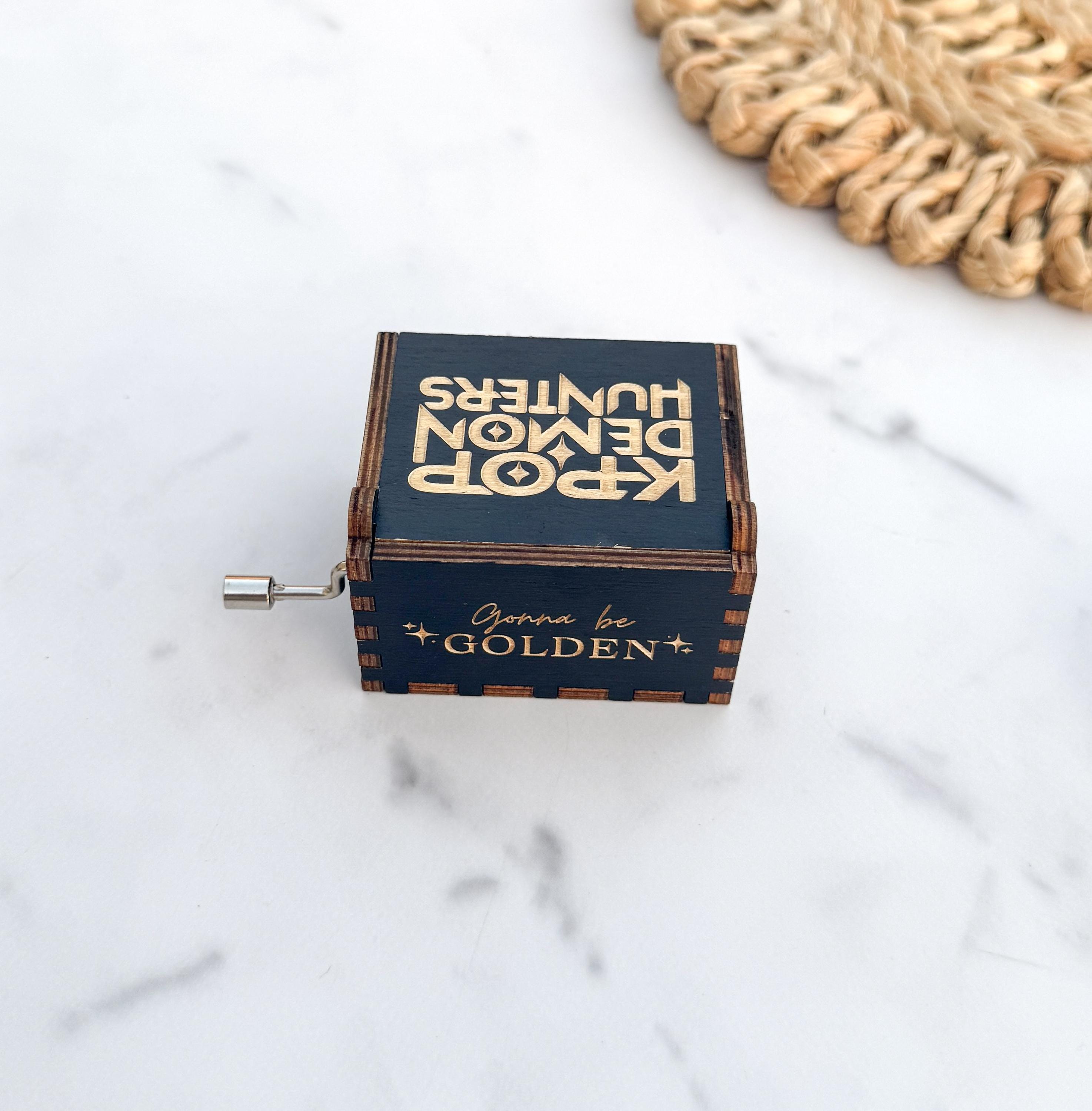 Kpop Demon Hunter Engraved Wooden Music Box Hand Crank Melody Collectible, Golden thumbnail 6