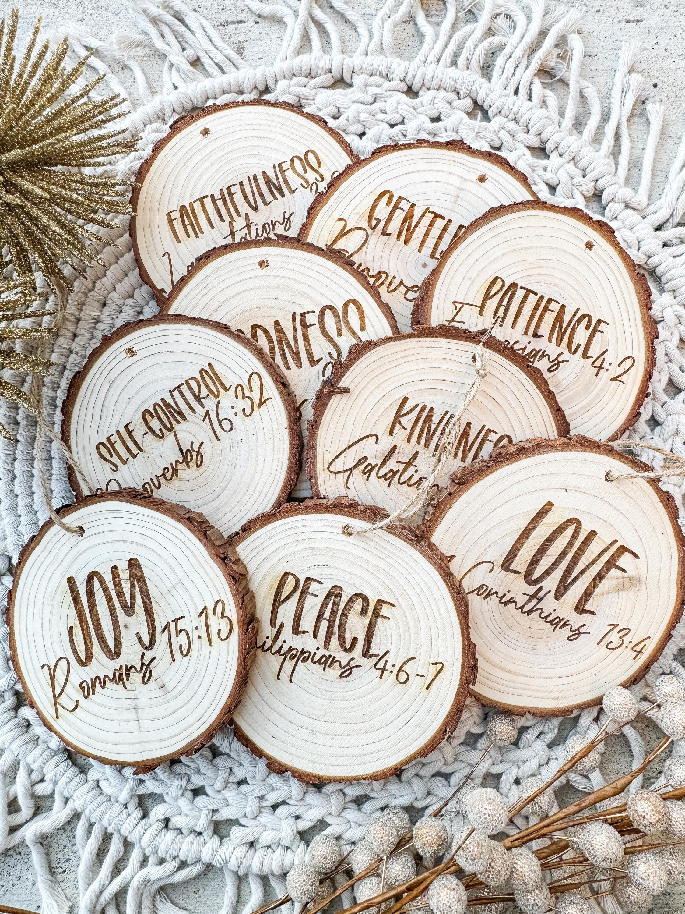 Fruit of the Spirit Wood Slice Ornaments - Set of 9 Christian Gifts