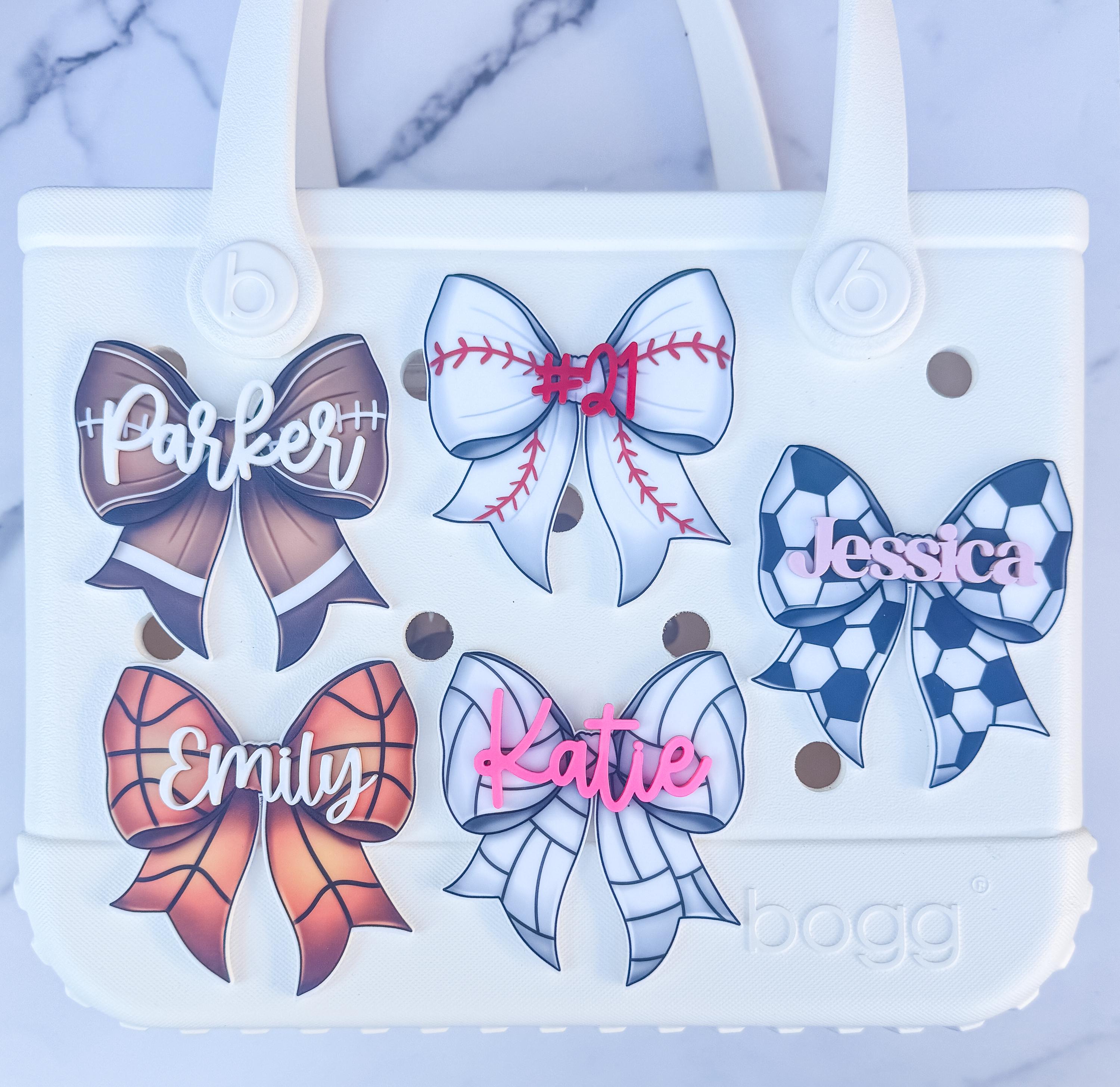 Personalized Sports Bow Charm, Custom Name Bogg Bag Accessory, Softball Soccer Basketball Volleyball