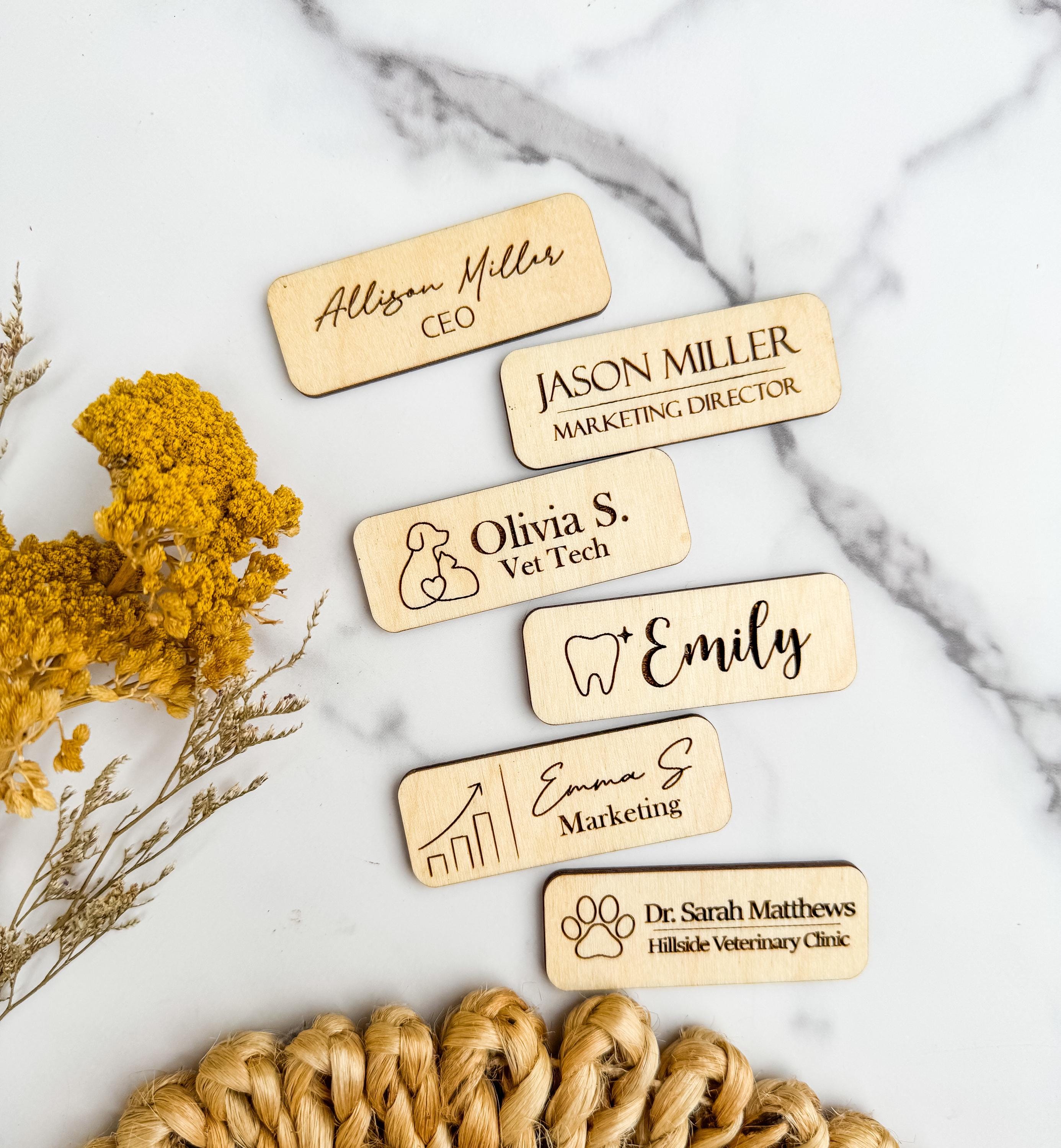 Personalized Wooden Magnetic Name Tag Custom Engraved Business Badge