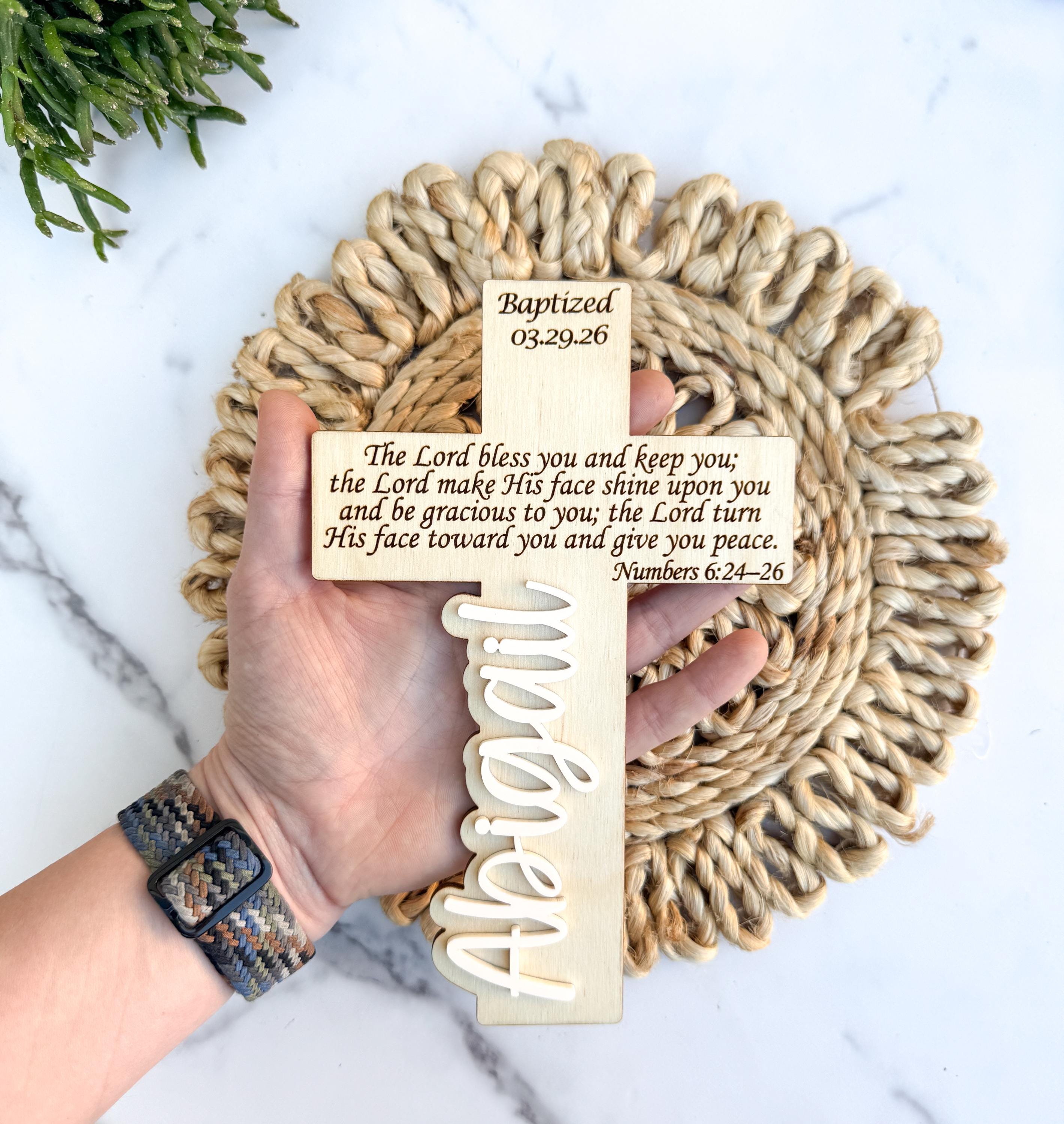 Wooden Baptism Cross Name Engraved Scripture Keepsake Gift Personalized thumbnail 2