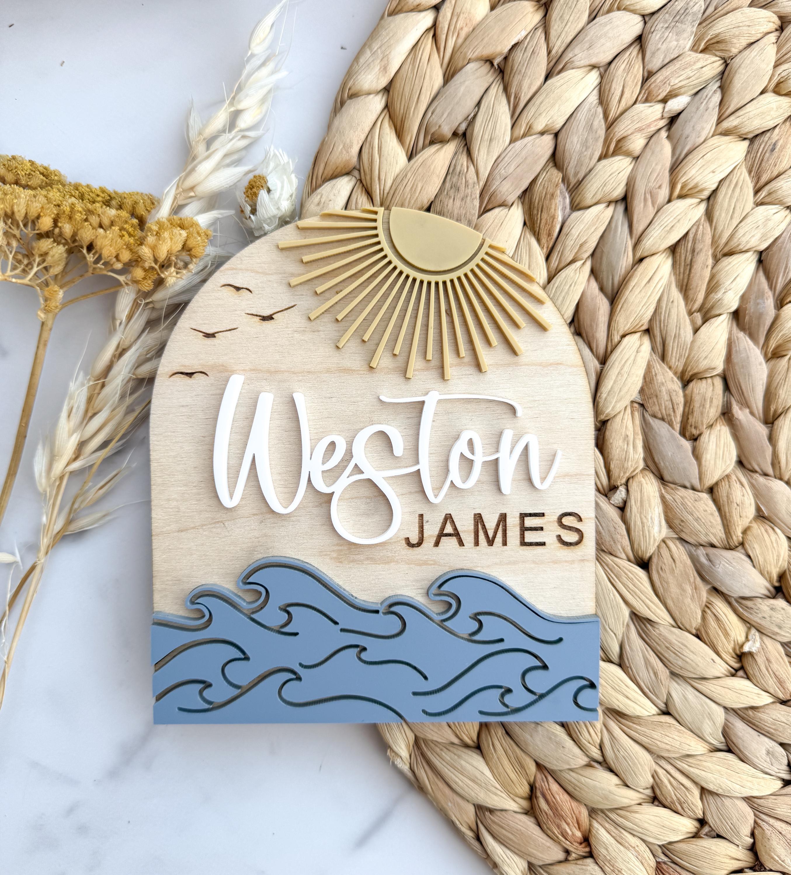 Personalized Wooden Baby Name Sign, Coastal Nursery Decor, Ocean Wave Wall Plaque