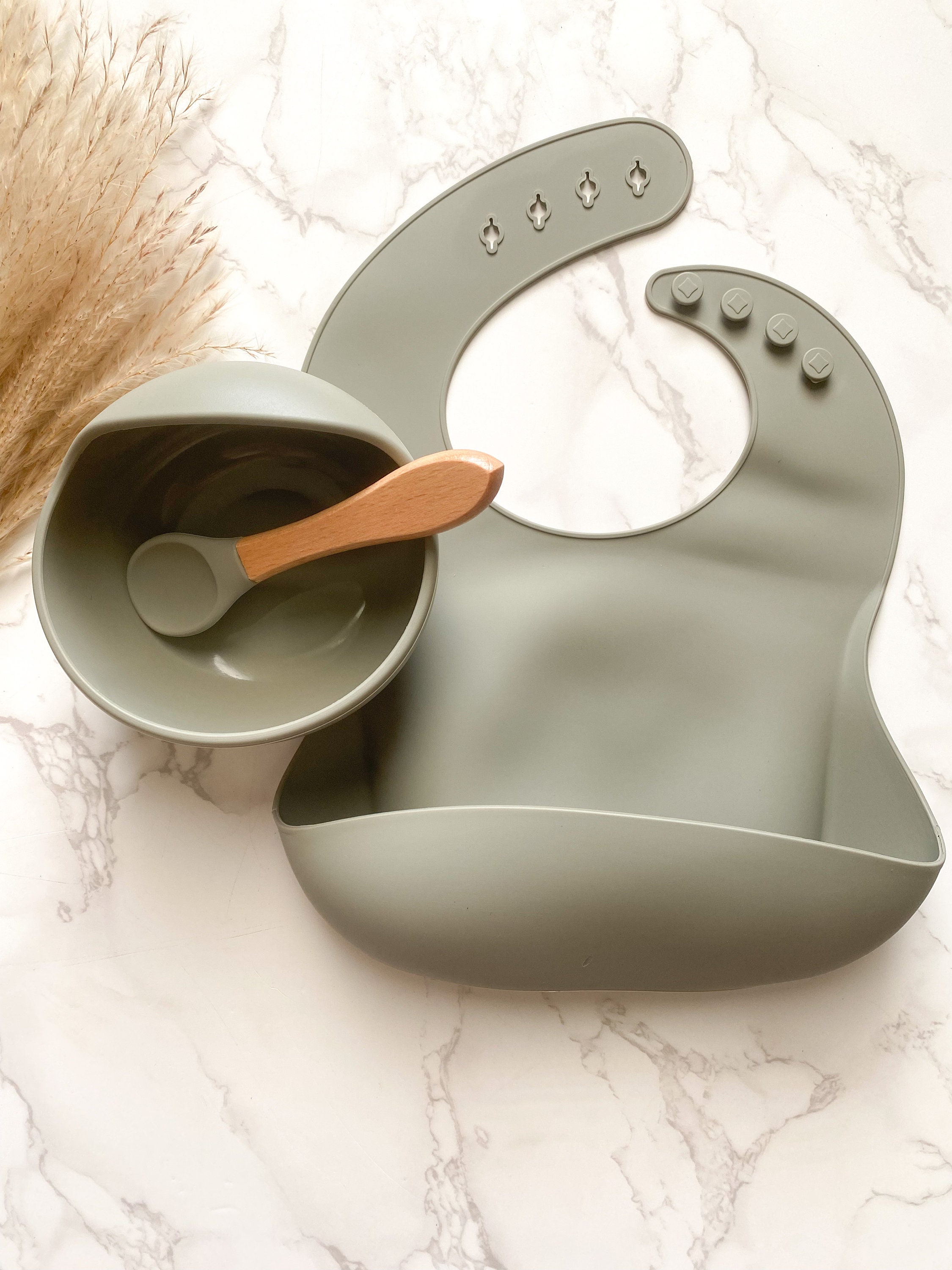 Personalized Silicone Baby Feeding Set: Bib, Bowl & Wooden Spoon thumbnail 3