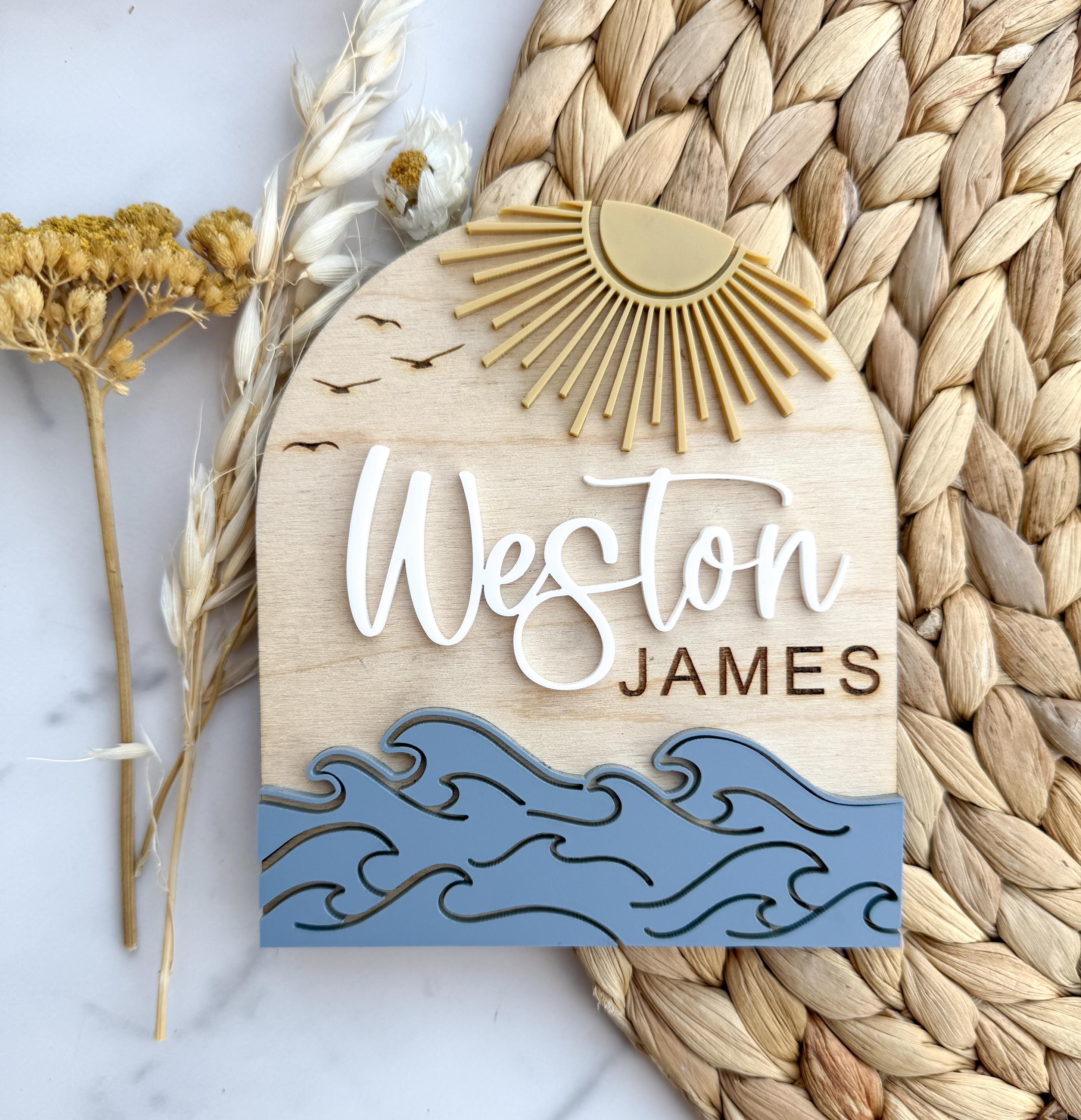 Personalized Wooden Baby Name Sign, Coastal Nursery Decor, Ocean Wave Wall Plaque thumbnail 8
