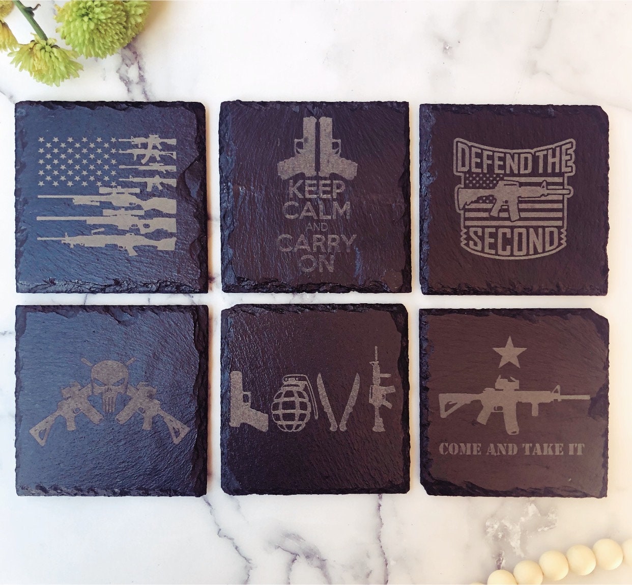 Engraved Slate 2nd Amendment Coasters – Gun Lover Gift