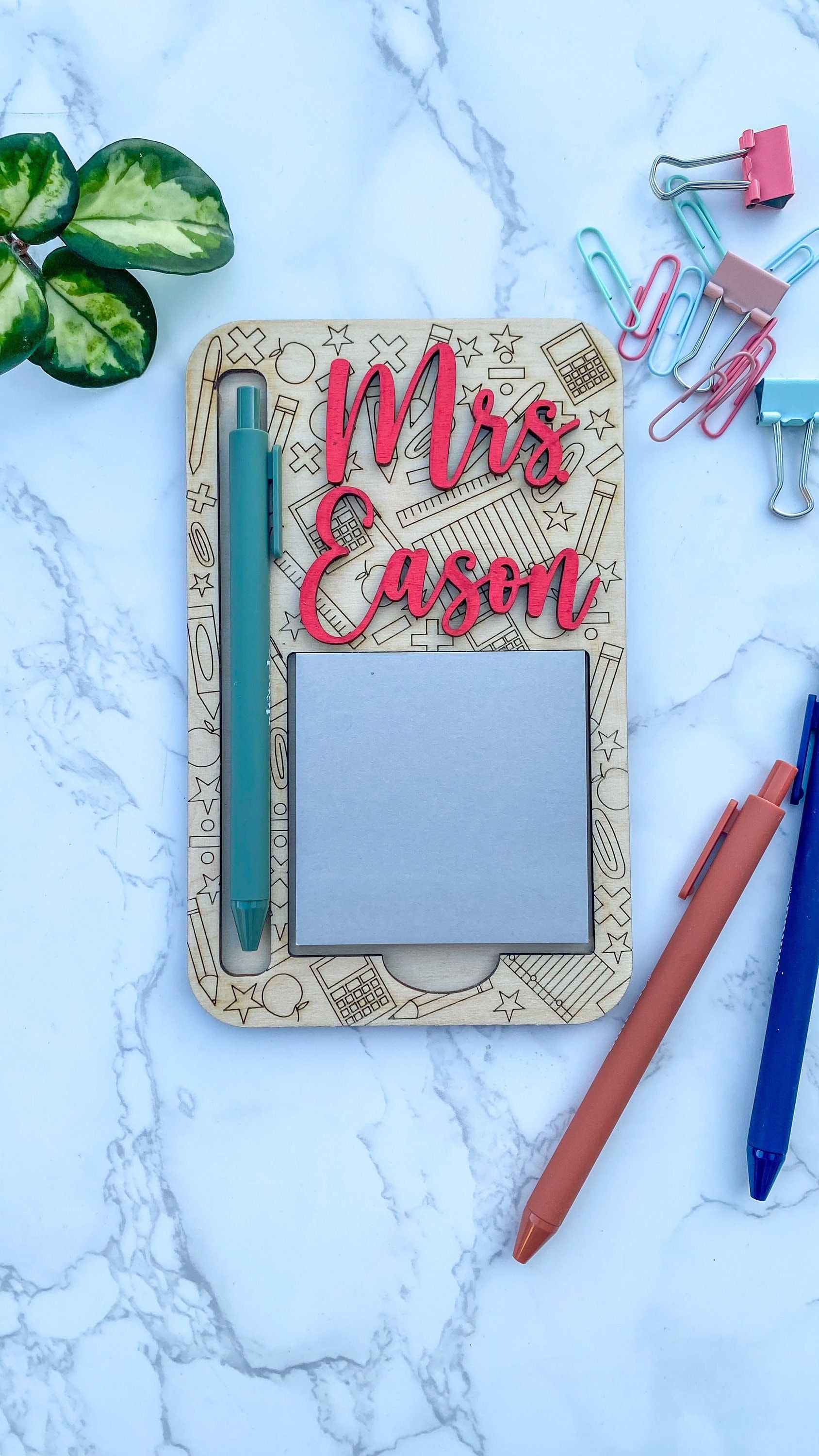 Personalized Teacher Sticky Note Holder: Birch Wood Gift