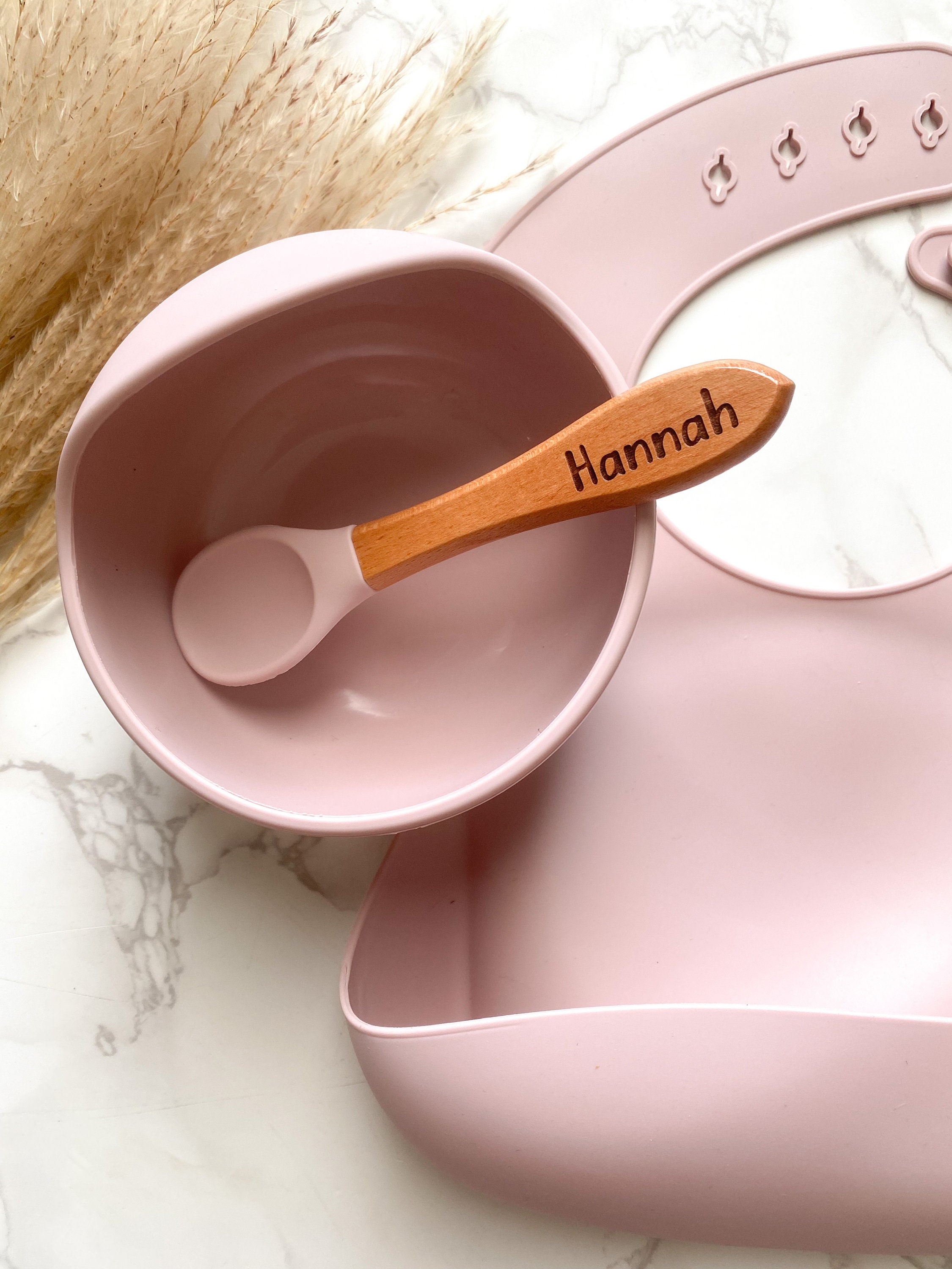 Personalized Silicone Baby Feeding Set: Bib, Bowl & Wooden Spoon thumbnail 2