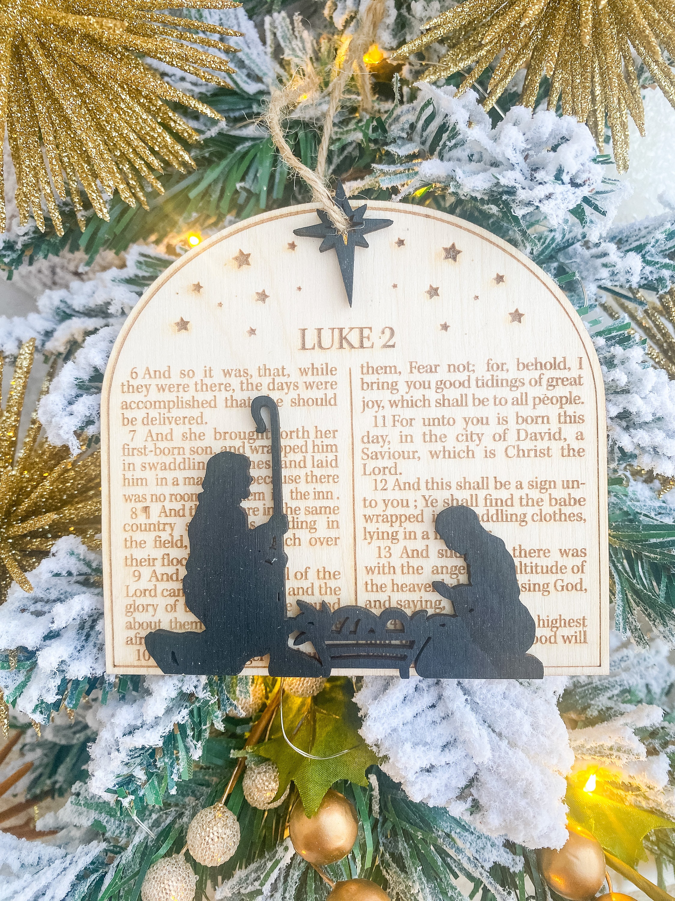 Handcrafted Wooden Nativity Ornament: Engraved Luke 2 Scene