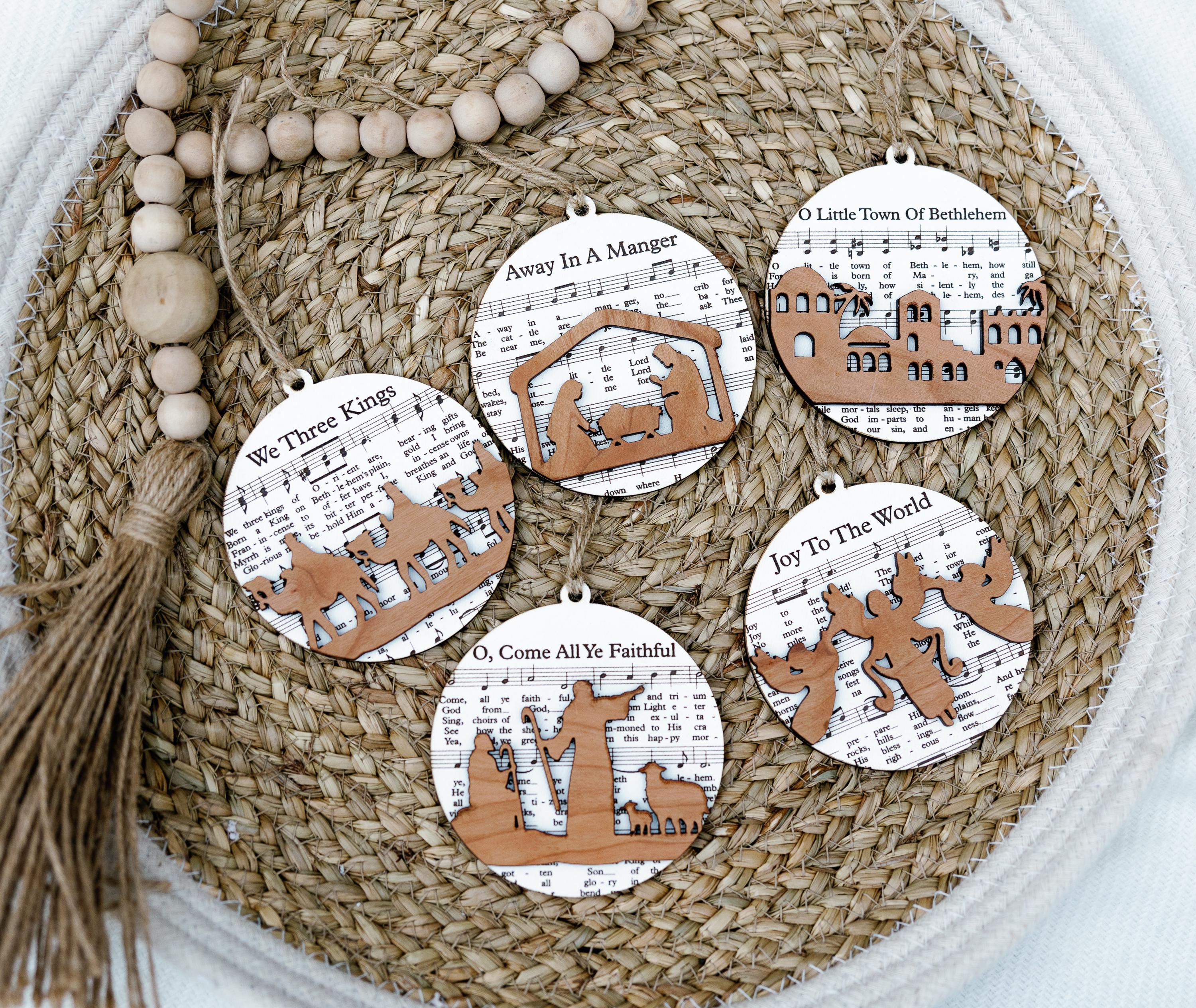 Laser Cut Nativity Scene Ornament Set: Hymn Sheet Music Christmas Decor