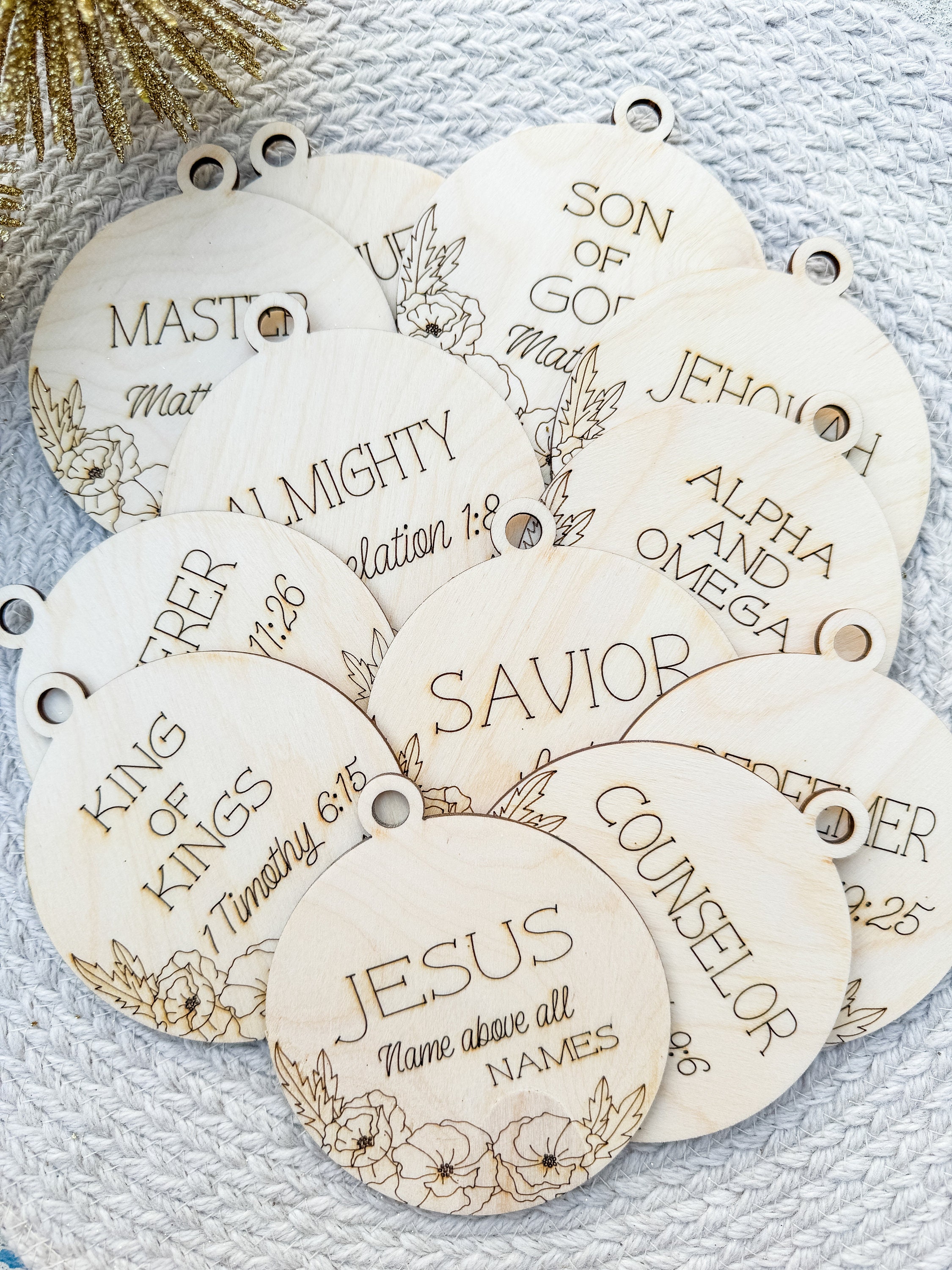 Names of Jesus Ornament Set: Birch Wood Christian Ornaments