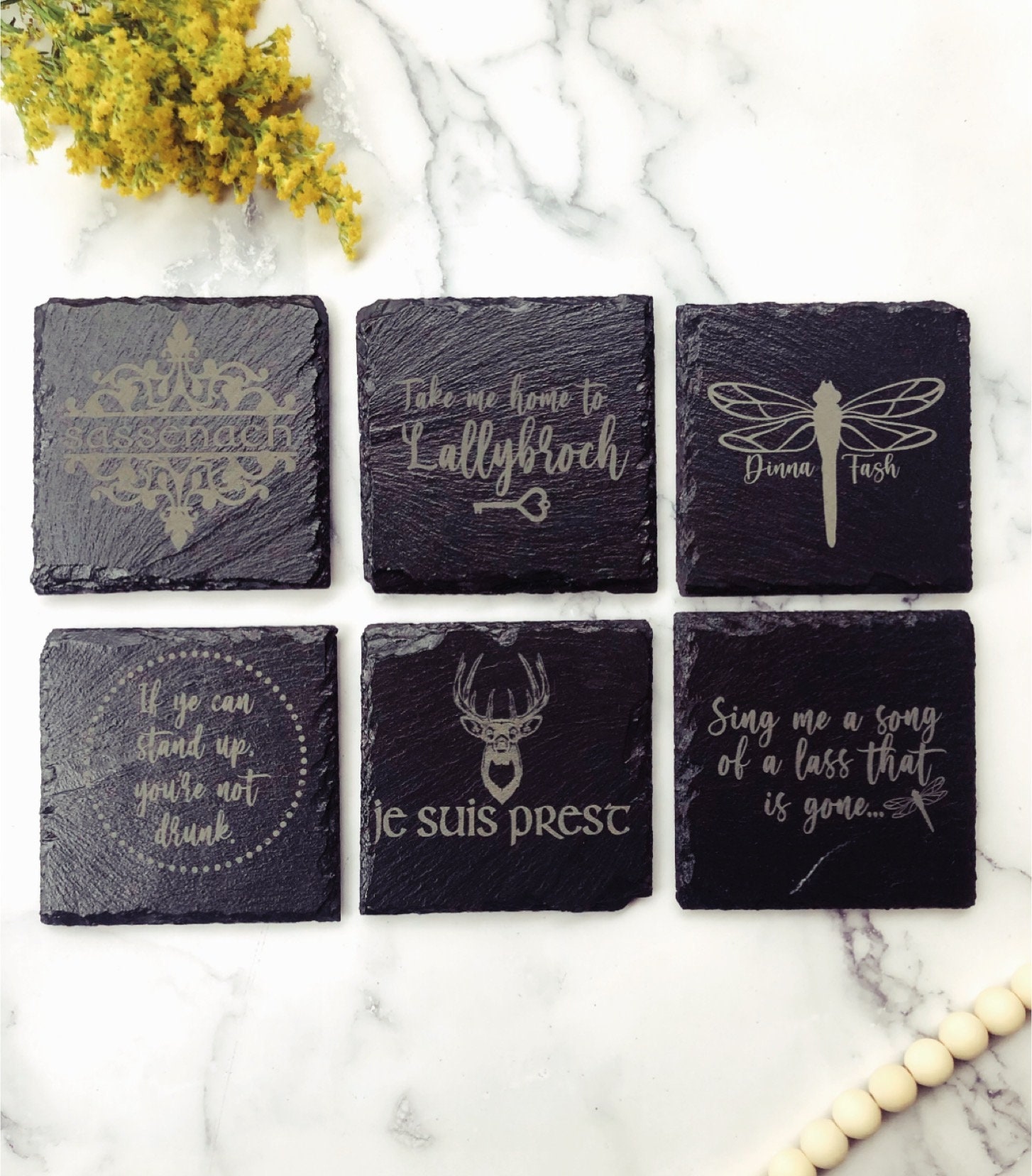 Outlander Inspired Laser Engraved Slate Coaster Set