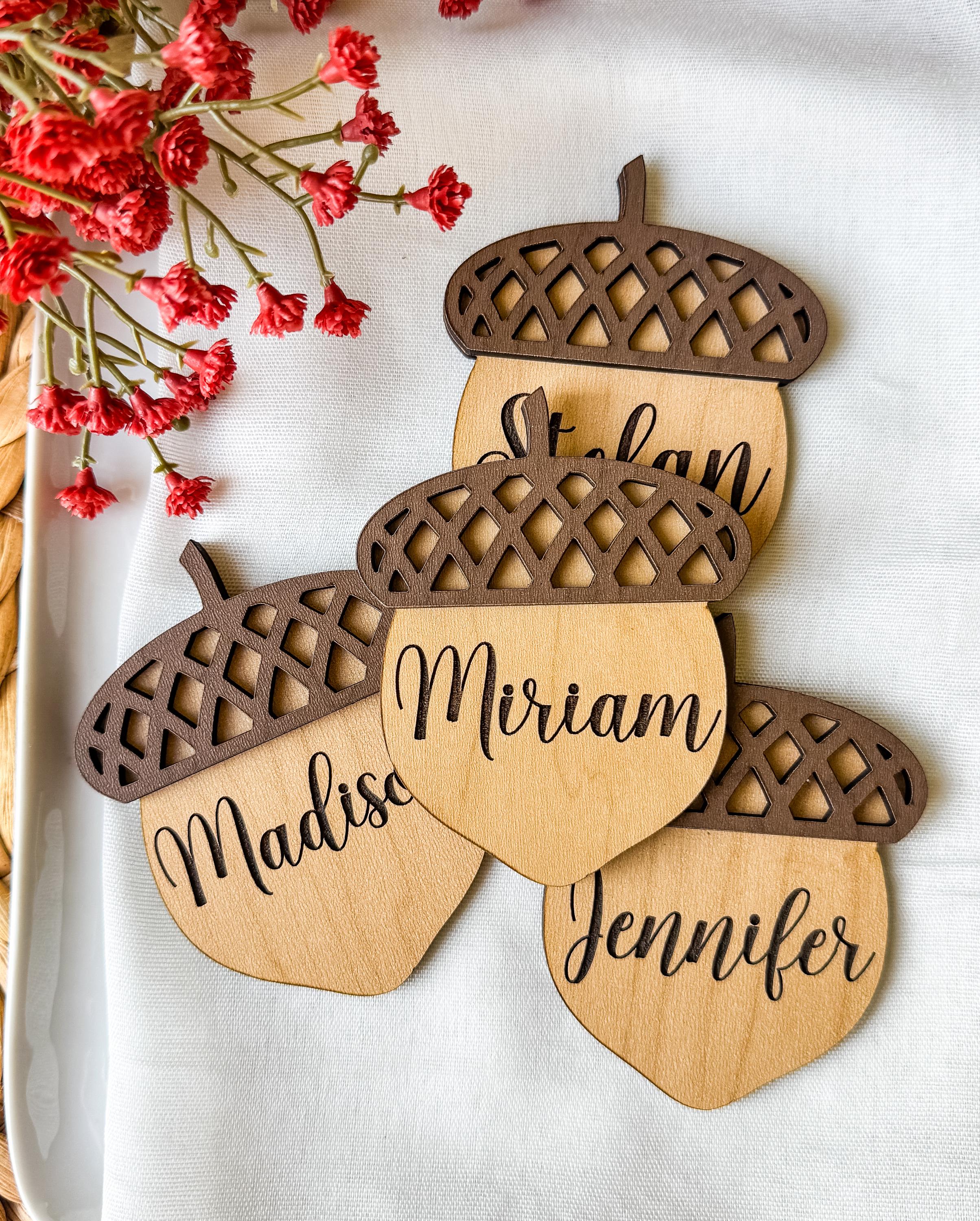 Walnut and Birch Acorn Place Card: Rustic Thanksgiving Table Decor thumbnail 2