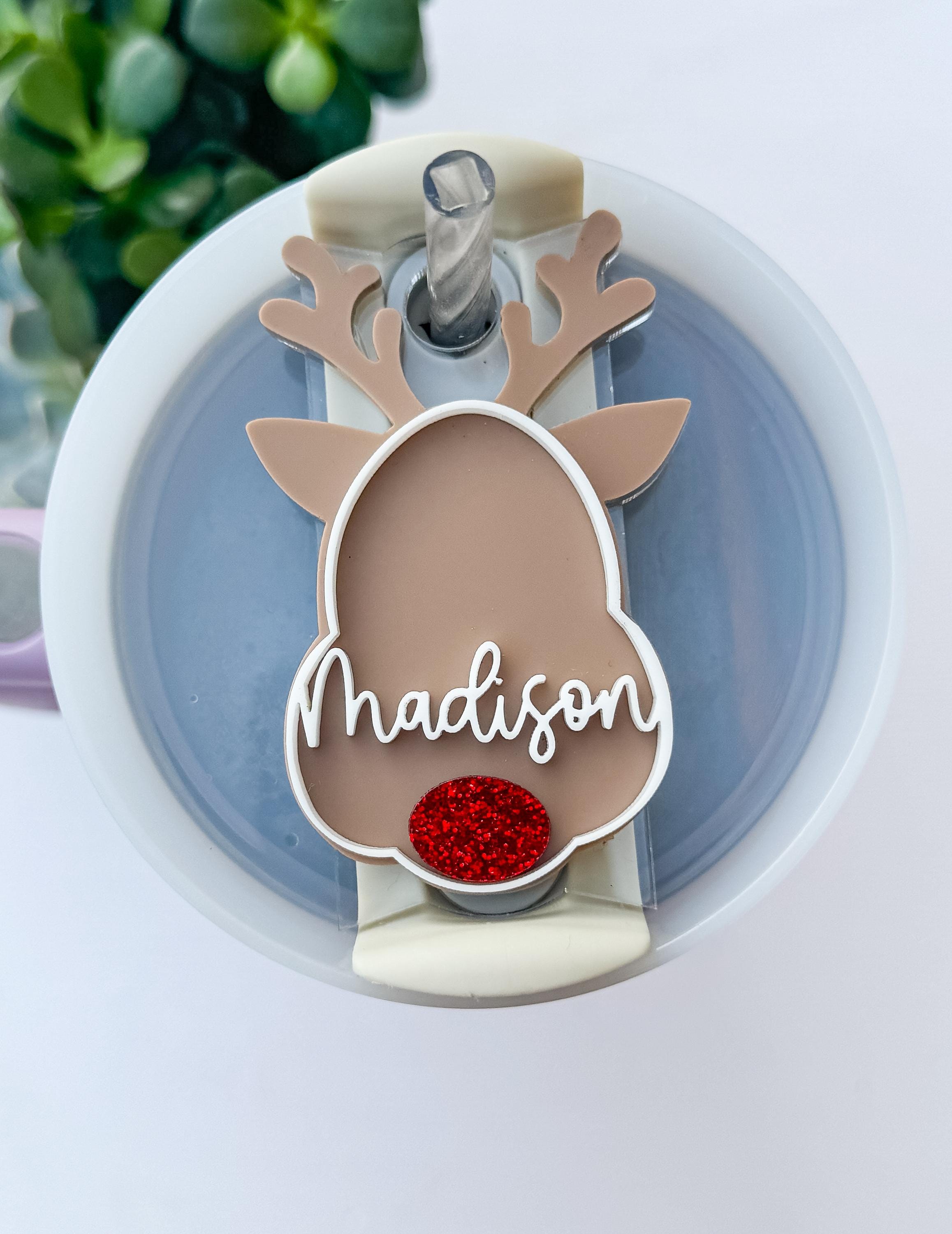 Personalized Reindeer Name Plate: Stanley Tumbler Lid Tag (30oz & 40oz H2.0)