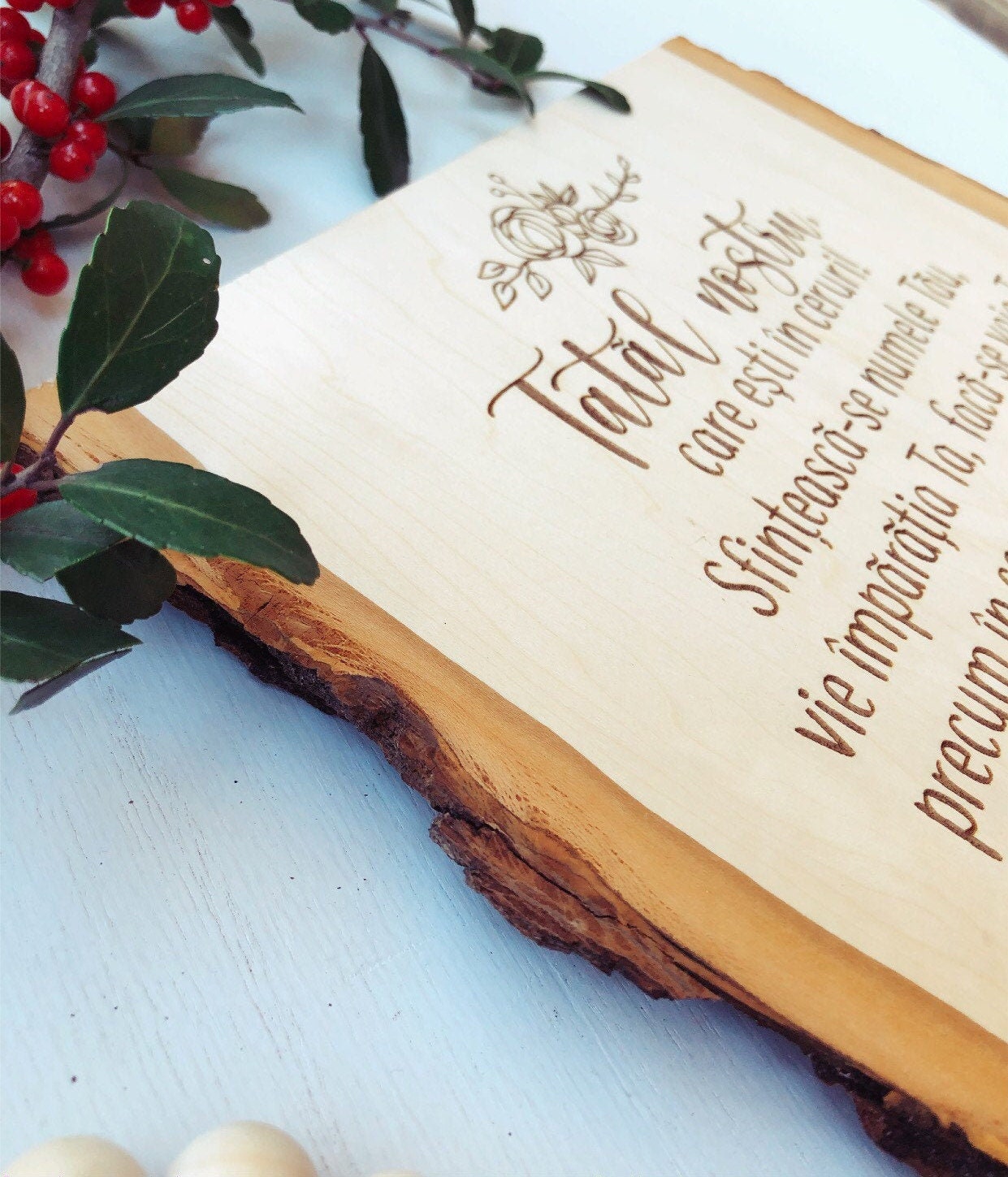 The Lord's Prayer in Romanian: Engraved Wood Plank, Christian Home Decor thumbnail 4